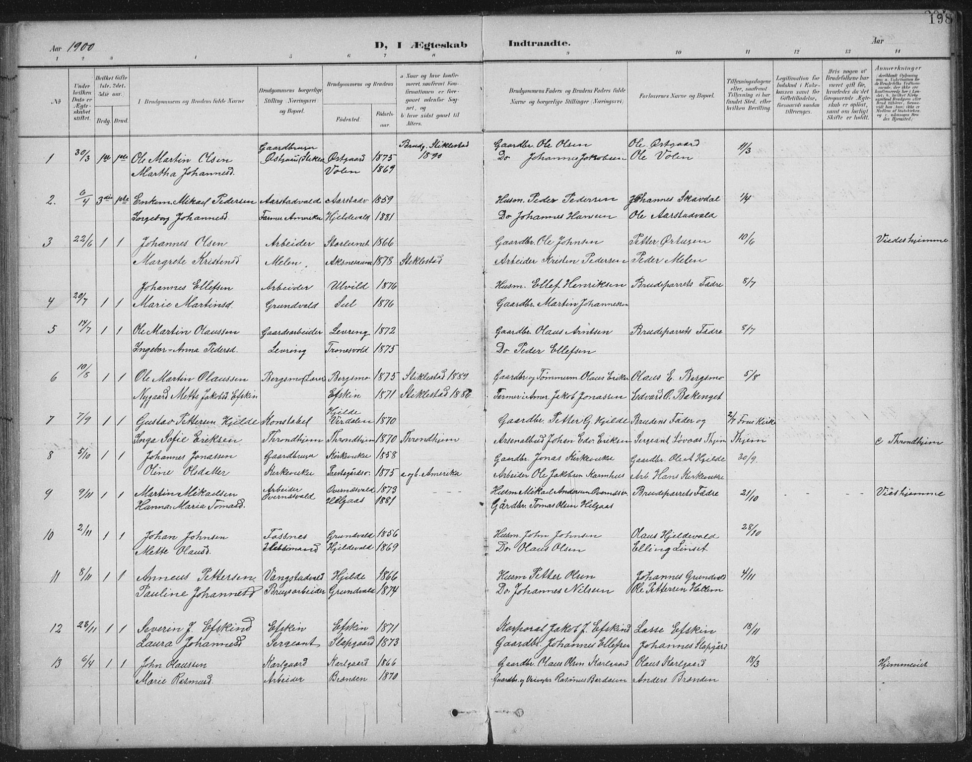 Ministerialprotokoller, klokkerbøker og fødselsregistre - Nord-Trøndelag, SAT/A-1458/724/L0269: Parish register (copy) no. 724C05, 1899-1920, p. 198