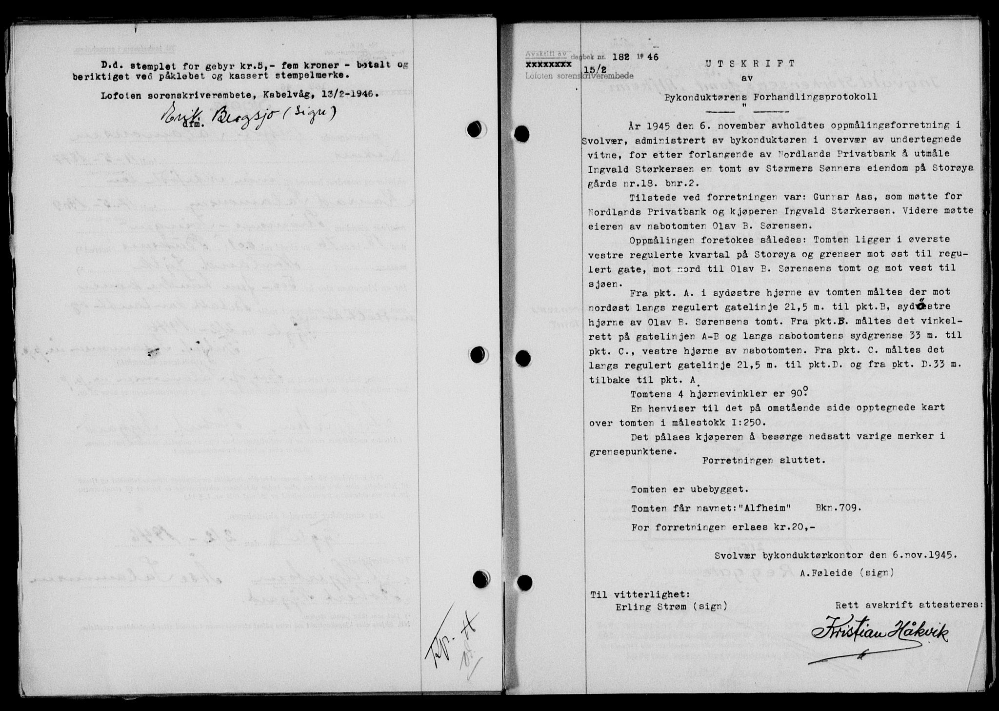 Lofoten sorenskriveri, SAT/A-0017/1/2/2C/L0013a: Mortgage book no. 13a, 1944-1946, Diary no: : 182/1946