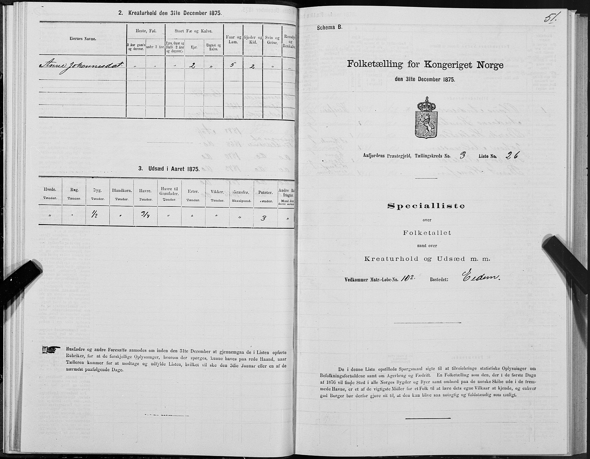 SAT, 1875 census for 1630P Aafjorden, 1875, p. 2051