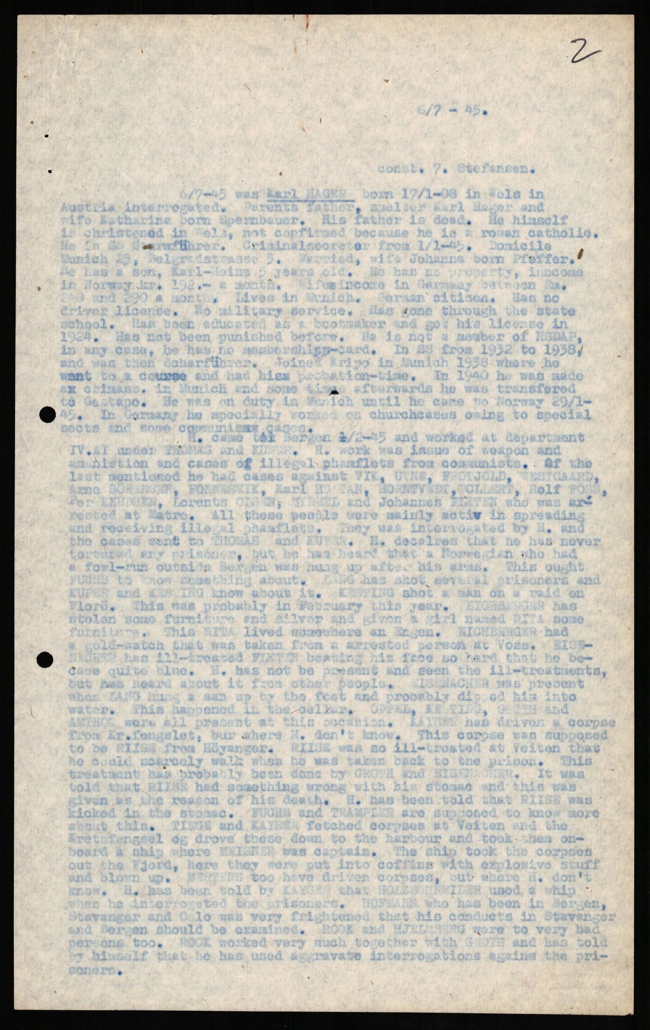 Forsvaret, Forsvarets overkommando II, RA/RAFA-3915/D/Db/L0011: CI Questionaires. Tyske okkupasjonsstyrker i Norge. Tyskere., 1945-1946, p. 302