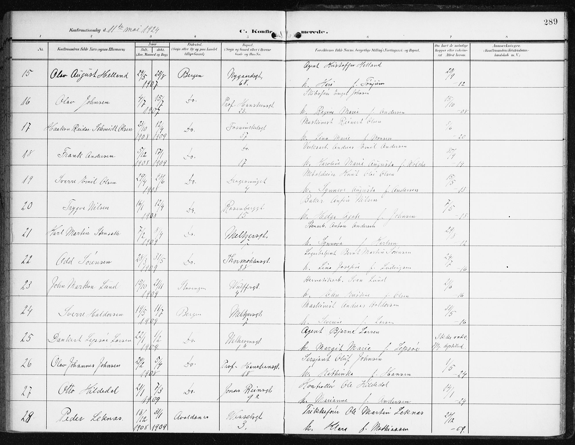 Johanneskirken sokneprestembete, AV/SAB-A-76001/H/Haa/L0009: Parish register (official) no. C 2, 1907-1924, p. 289