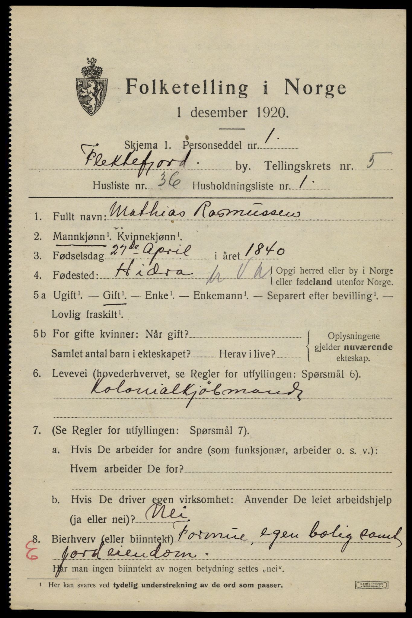 SAK, 1920 census for Flekkefjord, 1920, p. 5736