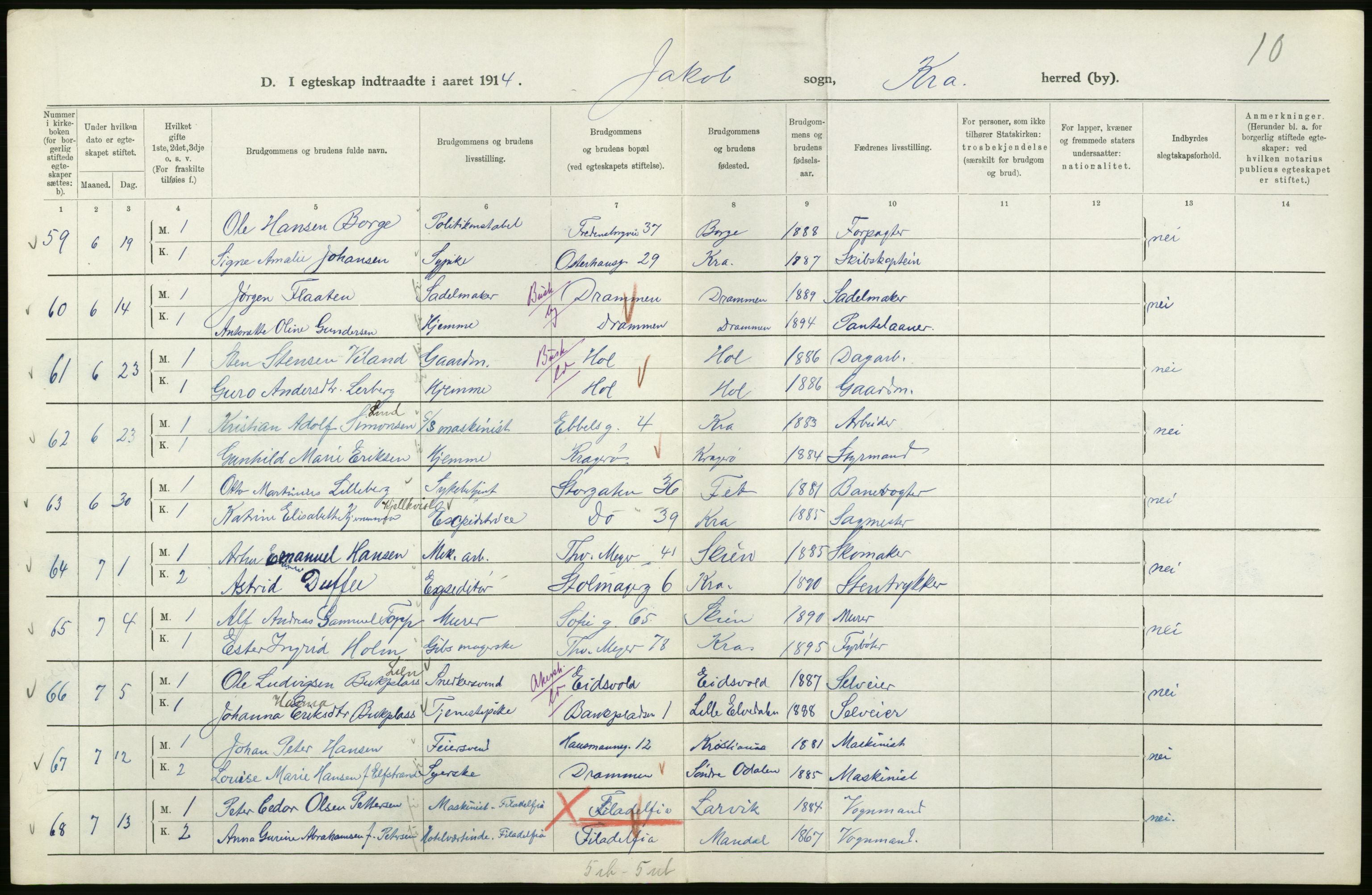 Statistisk sentralbyrå, Sosiodemografiske emner, Befolkning, AV/RA-S-2228/D/Df/Dfb/Dfbd/L0007: Kristiania: Gifte, 1914, p. 22