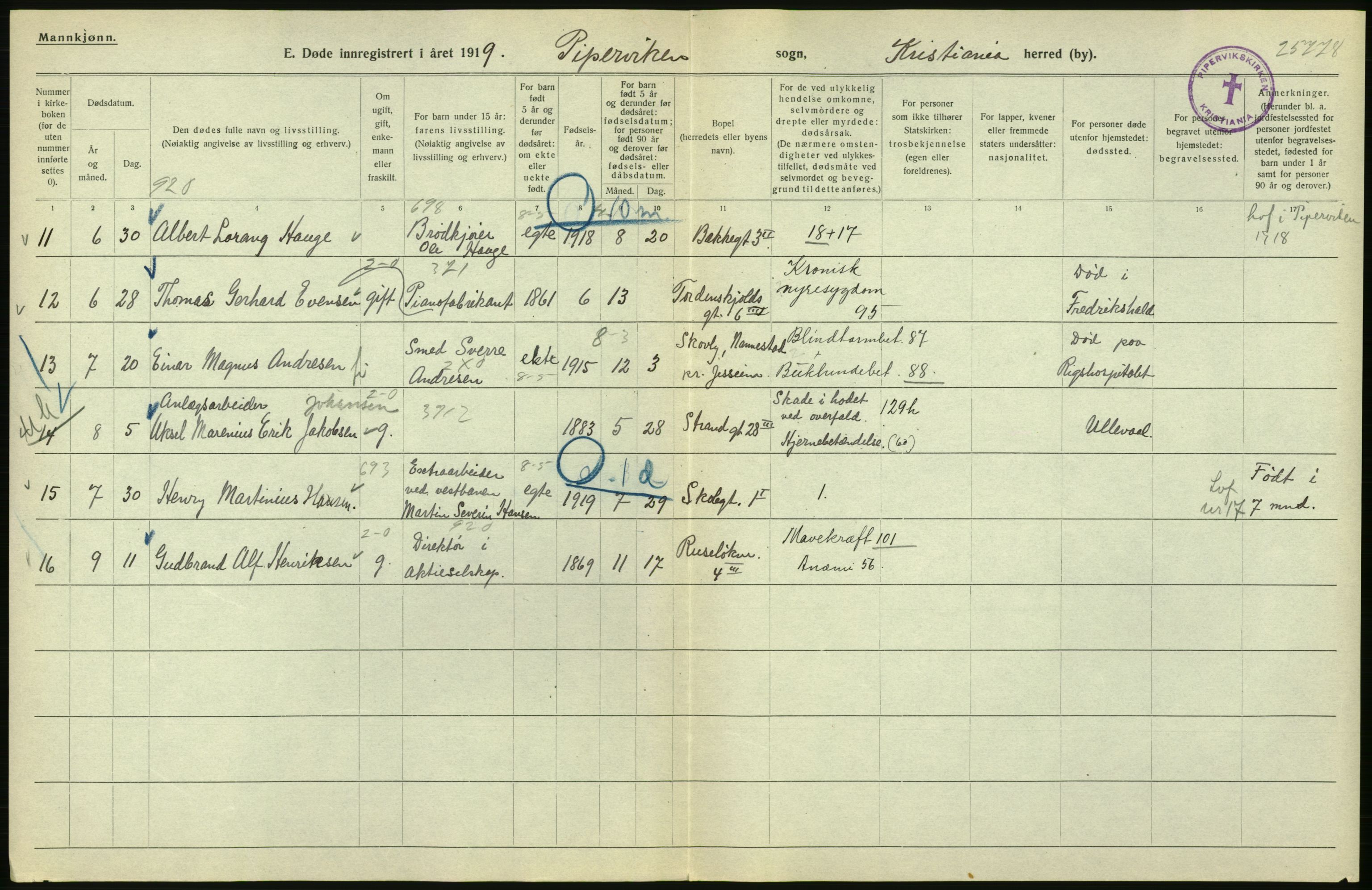 Statistisk sentralbyrå, Sosiodemografiske emner, Befolkning, RA/S-2228/D/Df/Dfb/Dfbi/L0010: Kristiania: Døde, 1919, p. 534