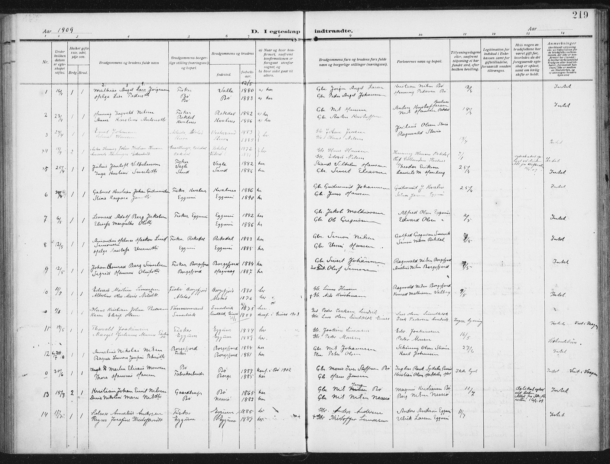 Ministerialprotokoller, klokkerbøker og fødselsregistre - Nordland, SAT/A-1459/880/L1135: Parish register (official) no. 880A09, 1908-1919, p. 219