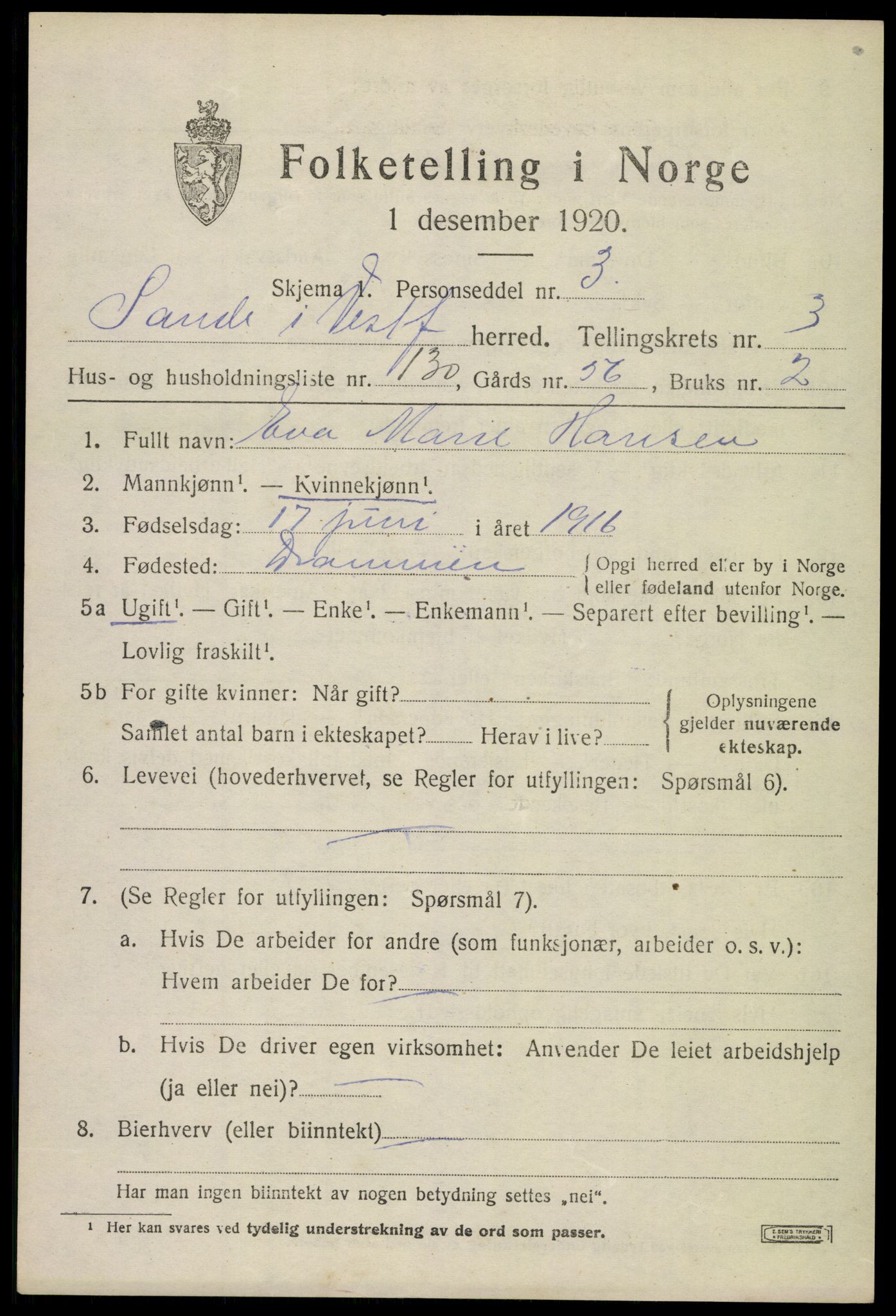 SAKO, 1920 census for Sande, 1920, p. 5610