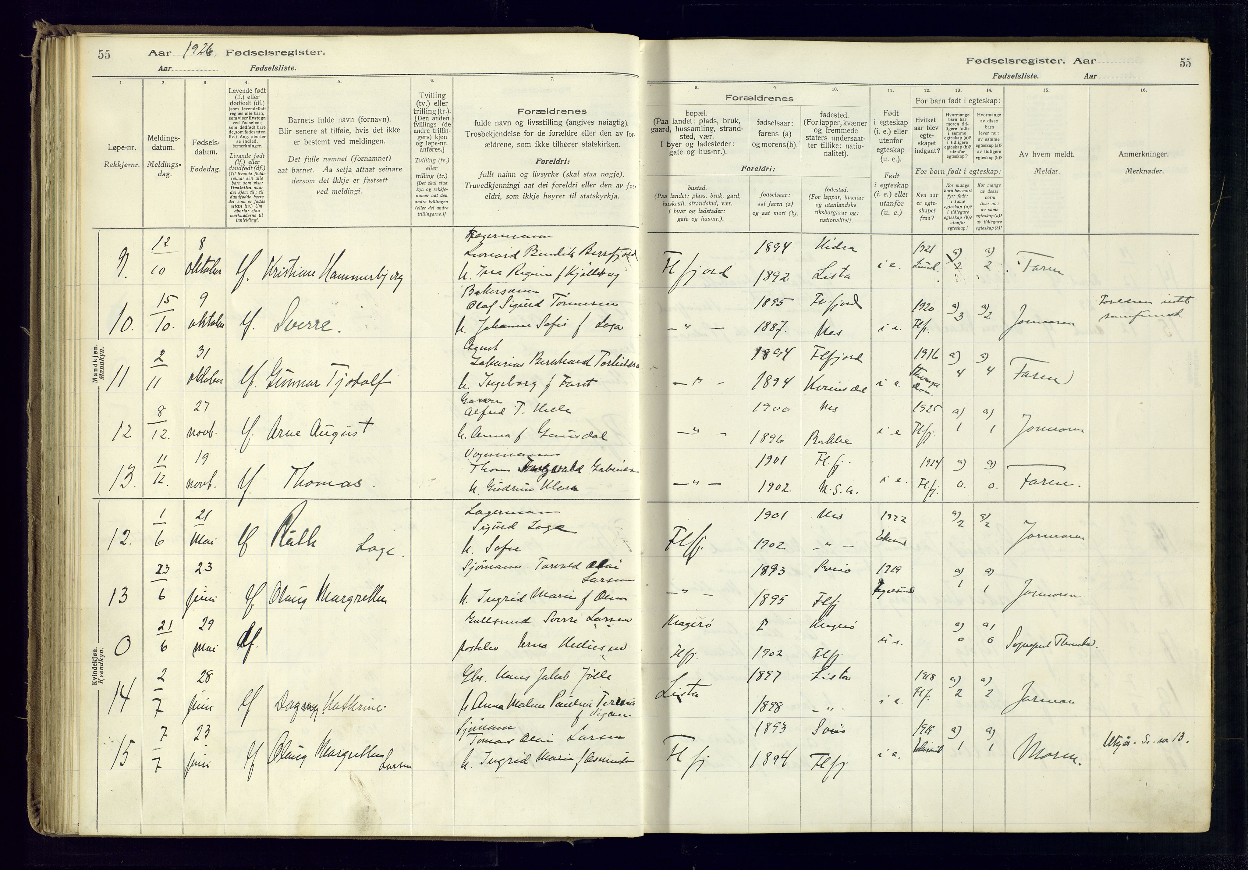 Flekkefjord sokneprestkontor, AV/SAK-1111-0012/J/Ja/L0001: Birth register no. 1, 1916-1948, p. 55