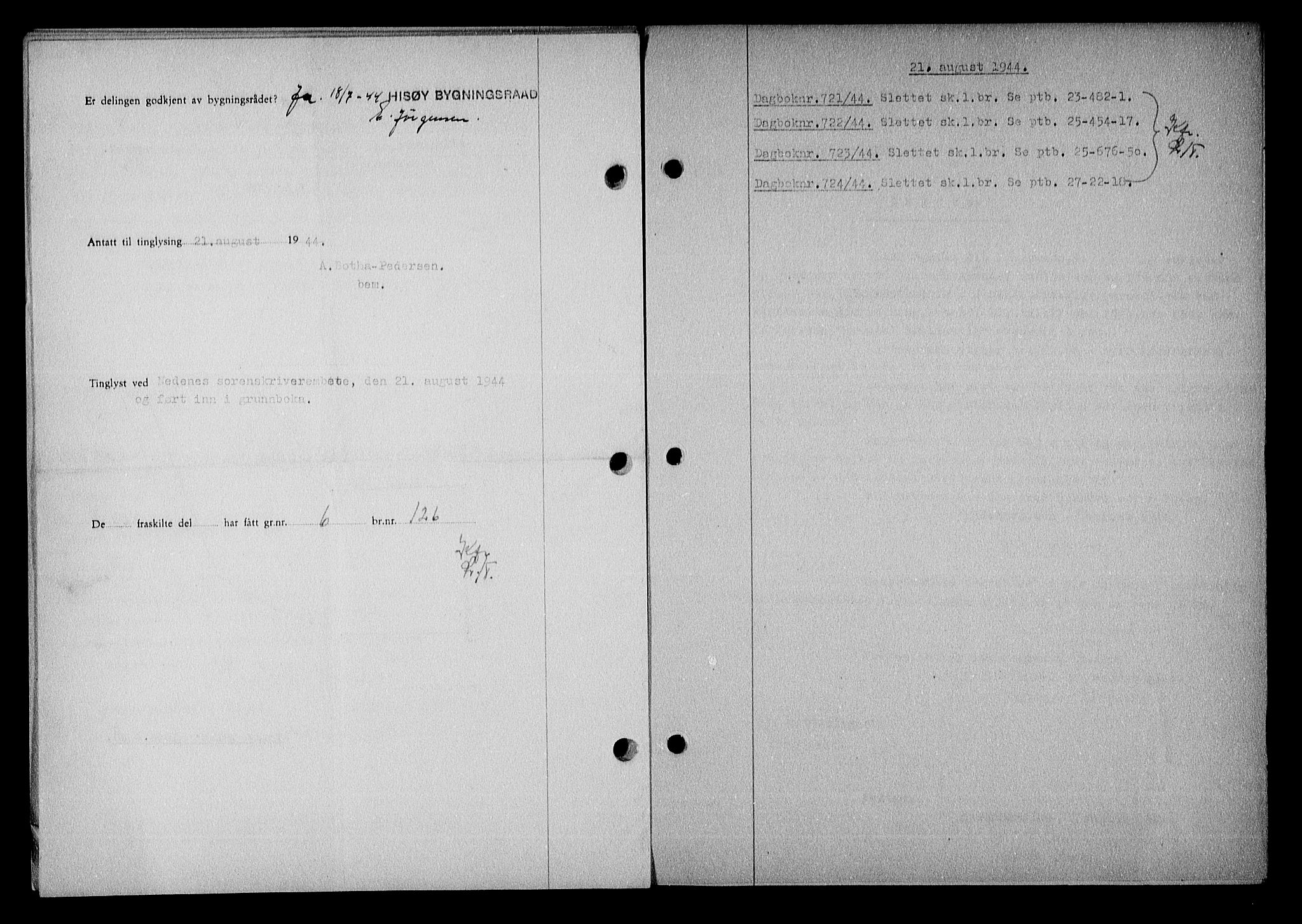 Nedenes sorenskriveri, SAK/1221-0006/G/Gb/Gba/L0051: Mortgage book no. A-V, 1943-1944, Diary no: : 721/1944