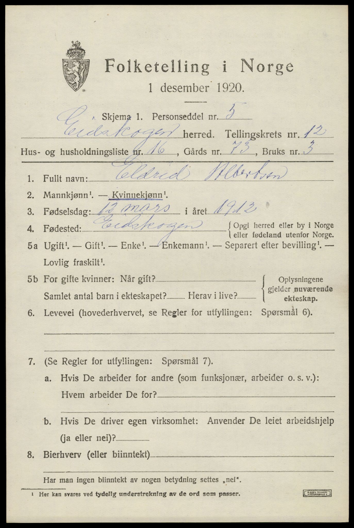 SAH, 1920 census for Eidskog, 1920, p. 11945