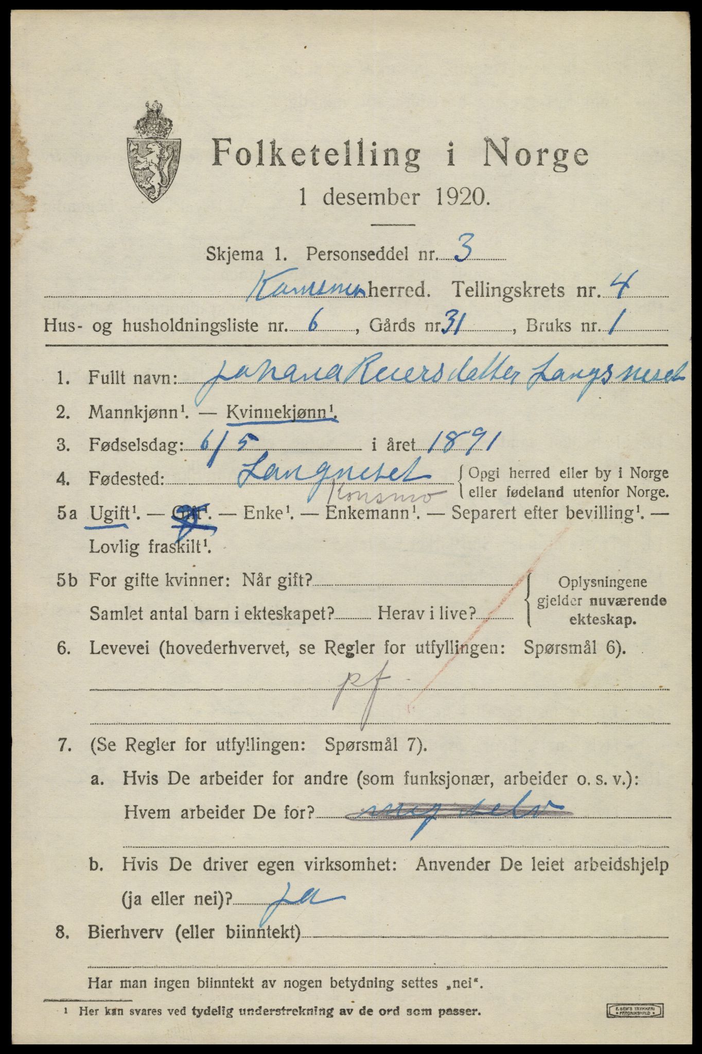 SAK, 1920 census for Konsmo, 1920, p. 1262