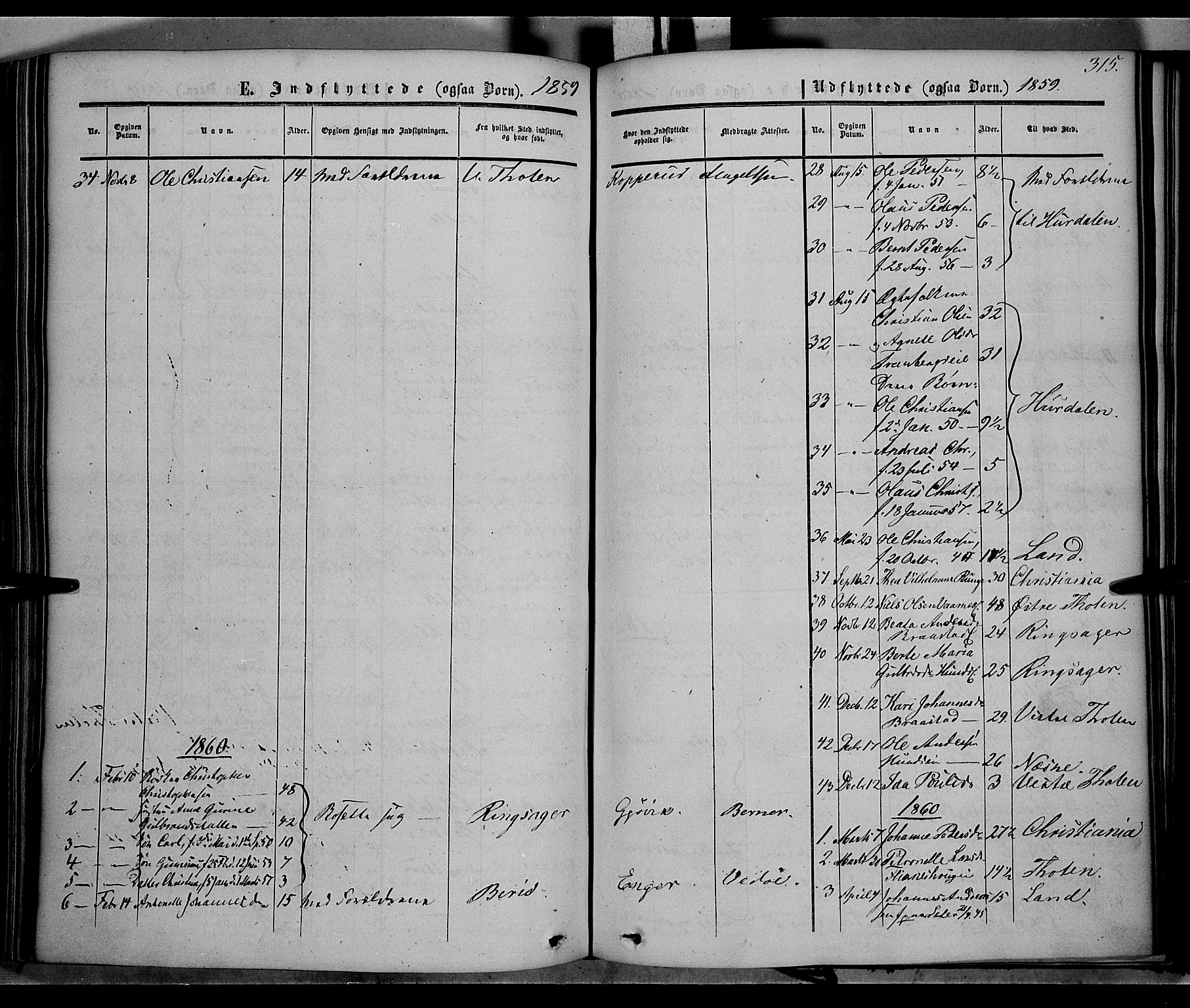 Vardal prestekontor, SAH/PREST-100/H/Ha/Haa/L0006: Parish register (official) no. 6, 1854-1866, p. 315