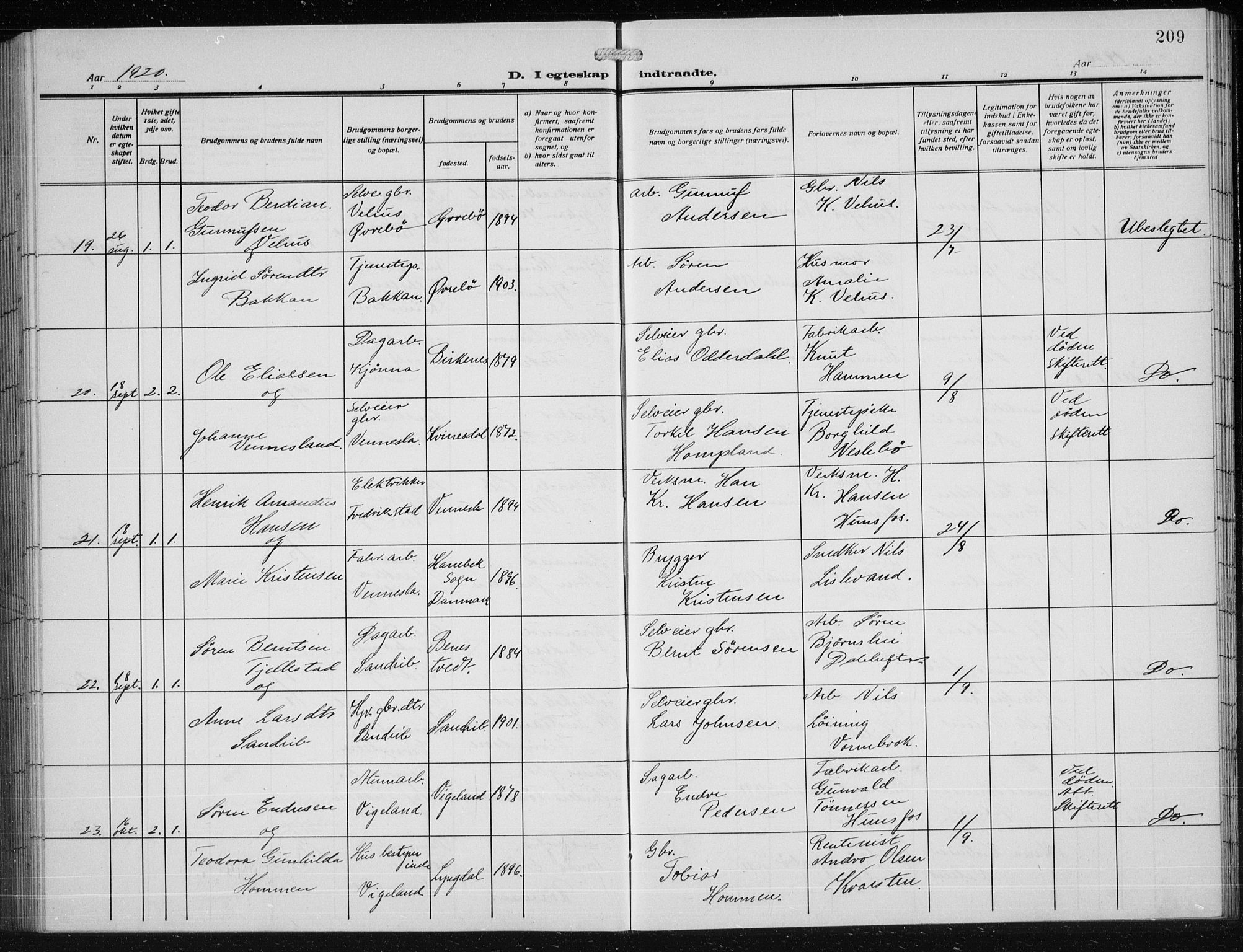 Vennesla sokneprestkontor, AV/SAK-1111-0045/Fb/Fbb/L0006: Parish register (copy) no. B 6, 1914-1921, p. 209