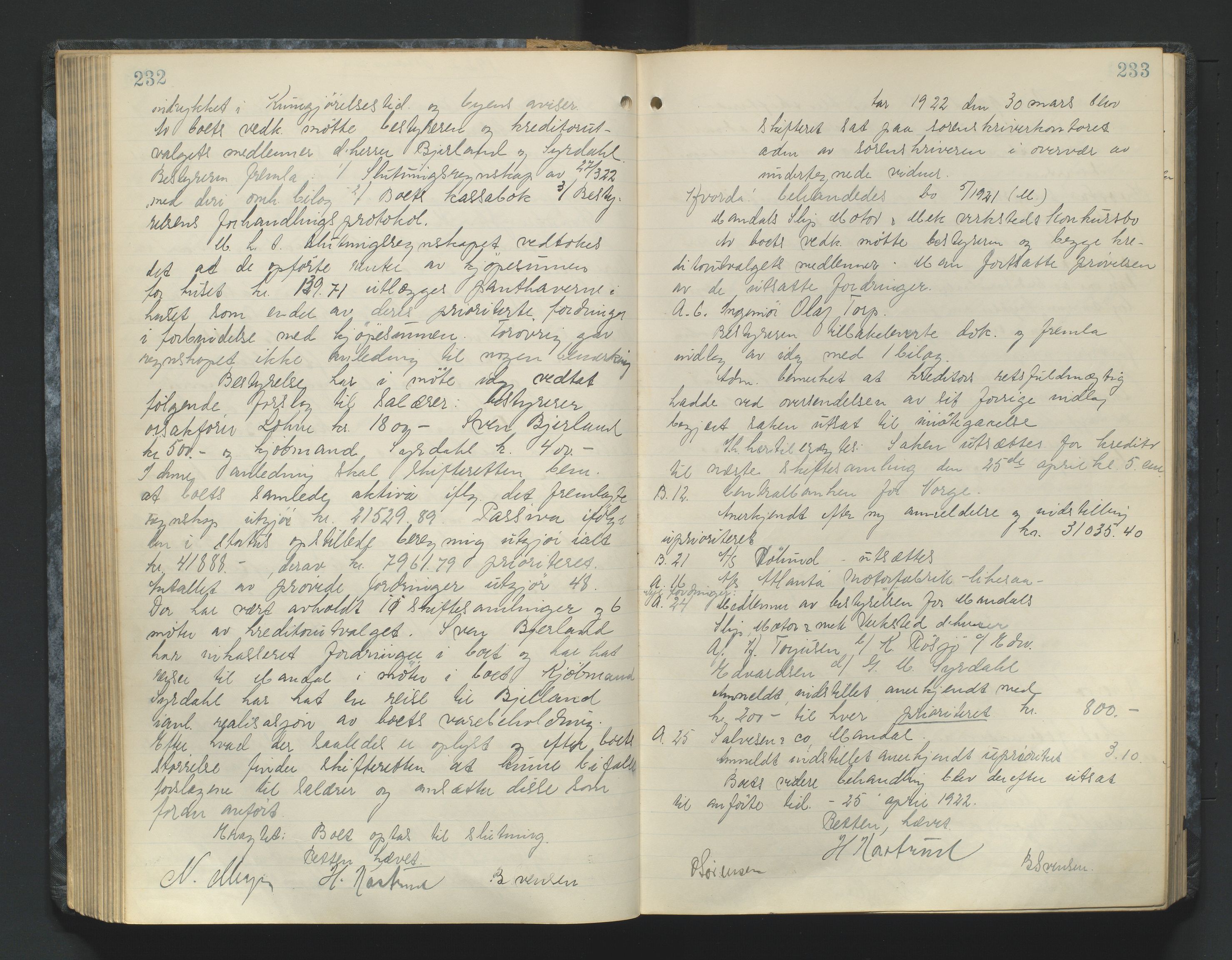Mandal sorenskriveri, AV/SAK-1221-0005/001/H/Hc/L0084: Skifteforhandlingsprotokoll nr 16, 1921-1924, p. 232-233