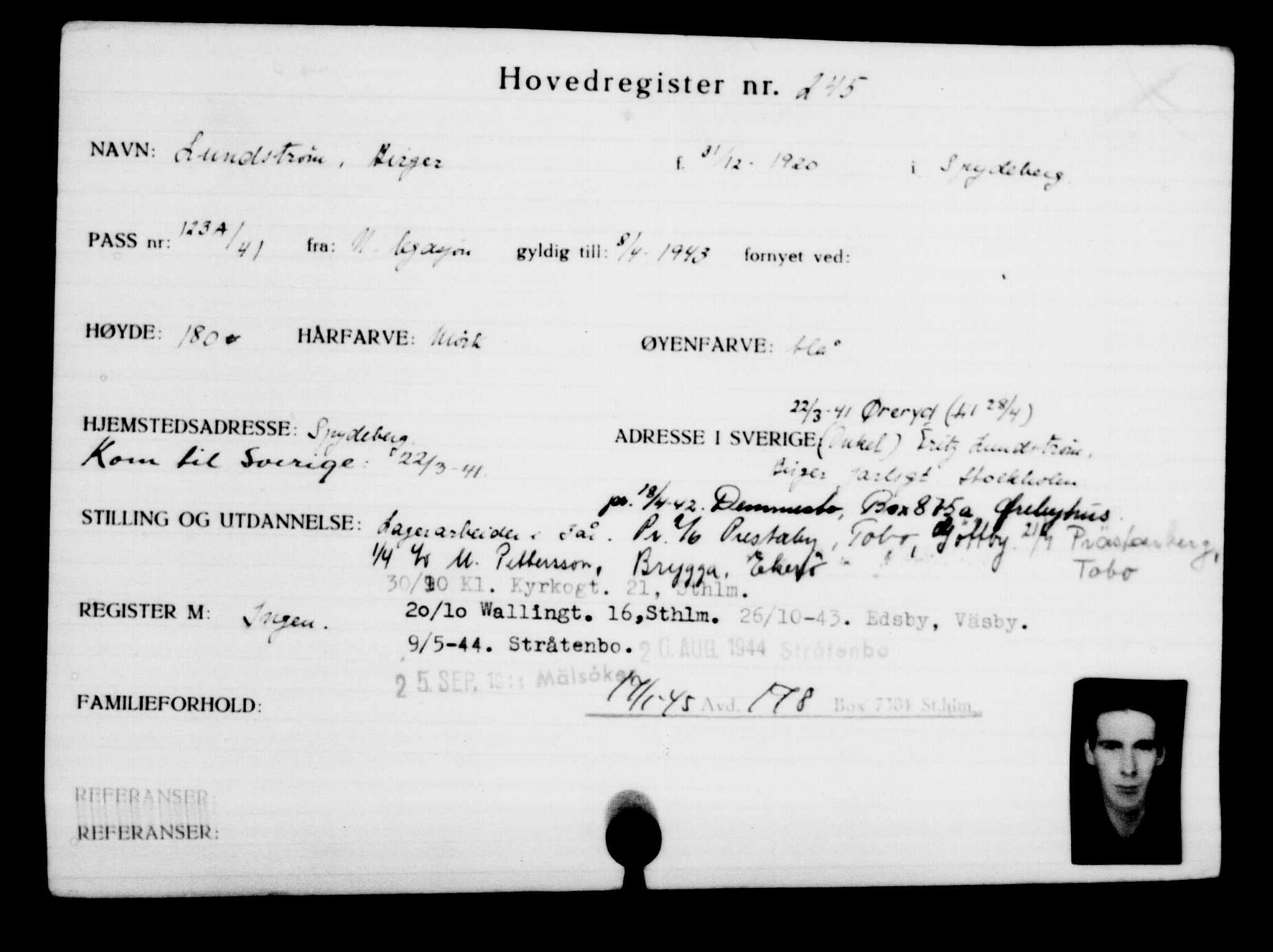 Utenriksstasjonene, Legasjonen i Stockholm, Flyktningkontoret, AV/RA-S-6753/V/Va/L0001: Kjesäterkartoteket, flyktninger med registreringsnr. 1-1000, 1940-1945, p. 391