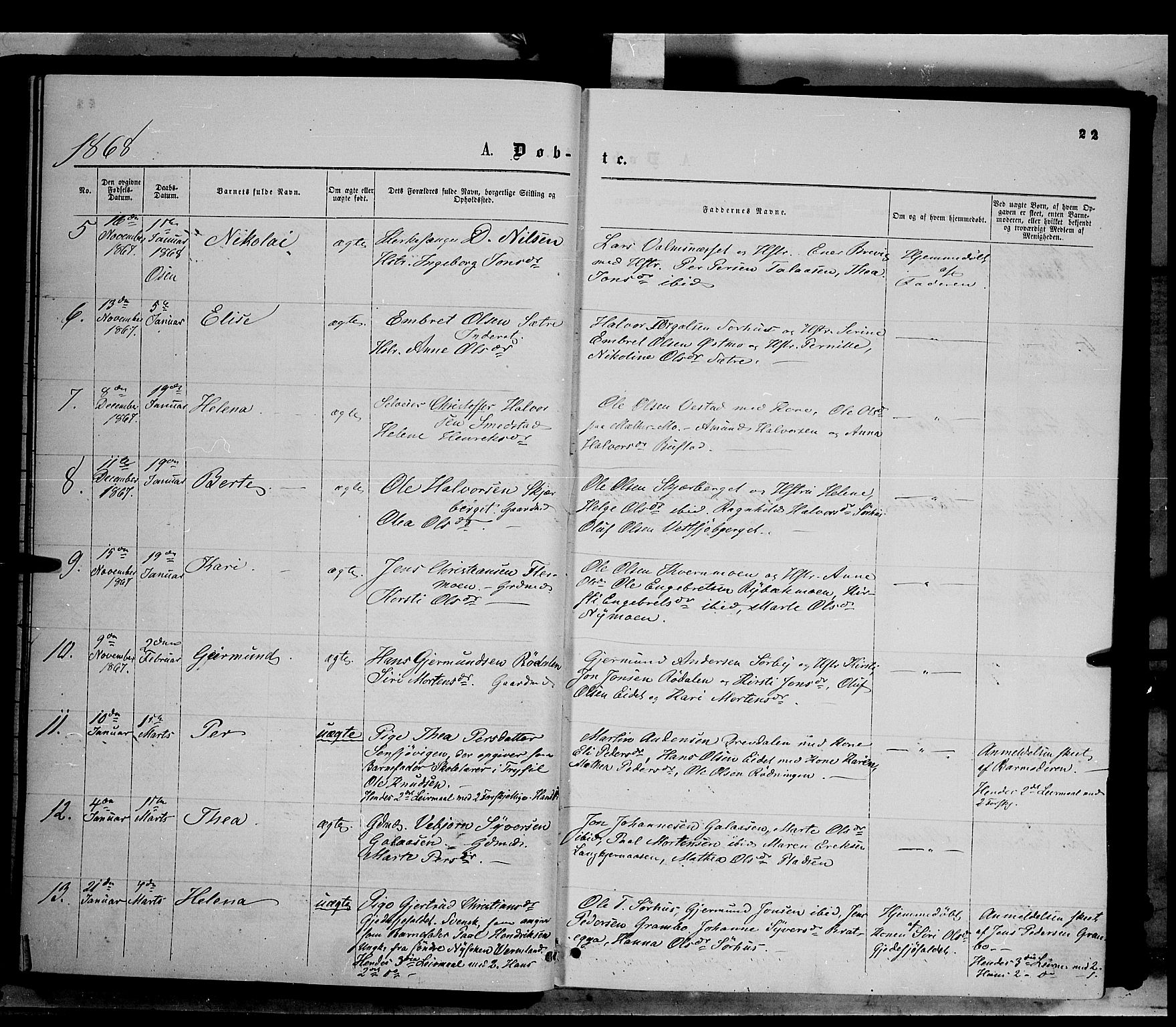 Trysil prestekontor, SAH/PREST-046/H/Ha/Haa/L0006: Parish register (official) no. 6, 1866-1873, p. 22