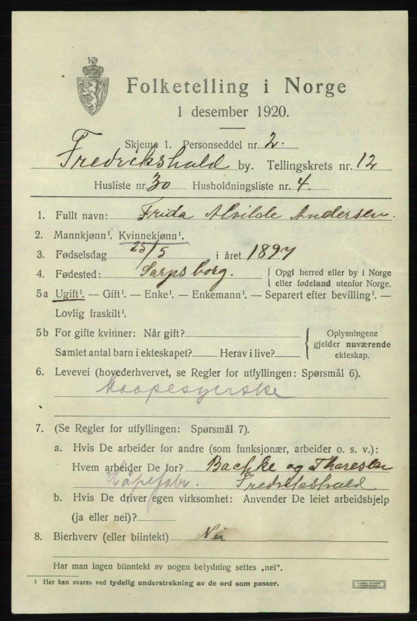 SAO, 1920 census for Fredrikshald, 1920, p. 20585