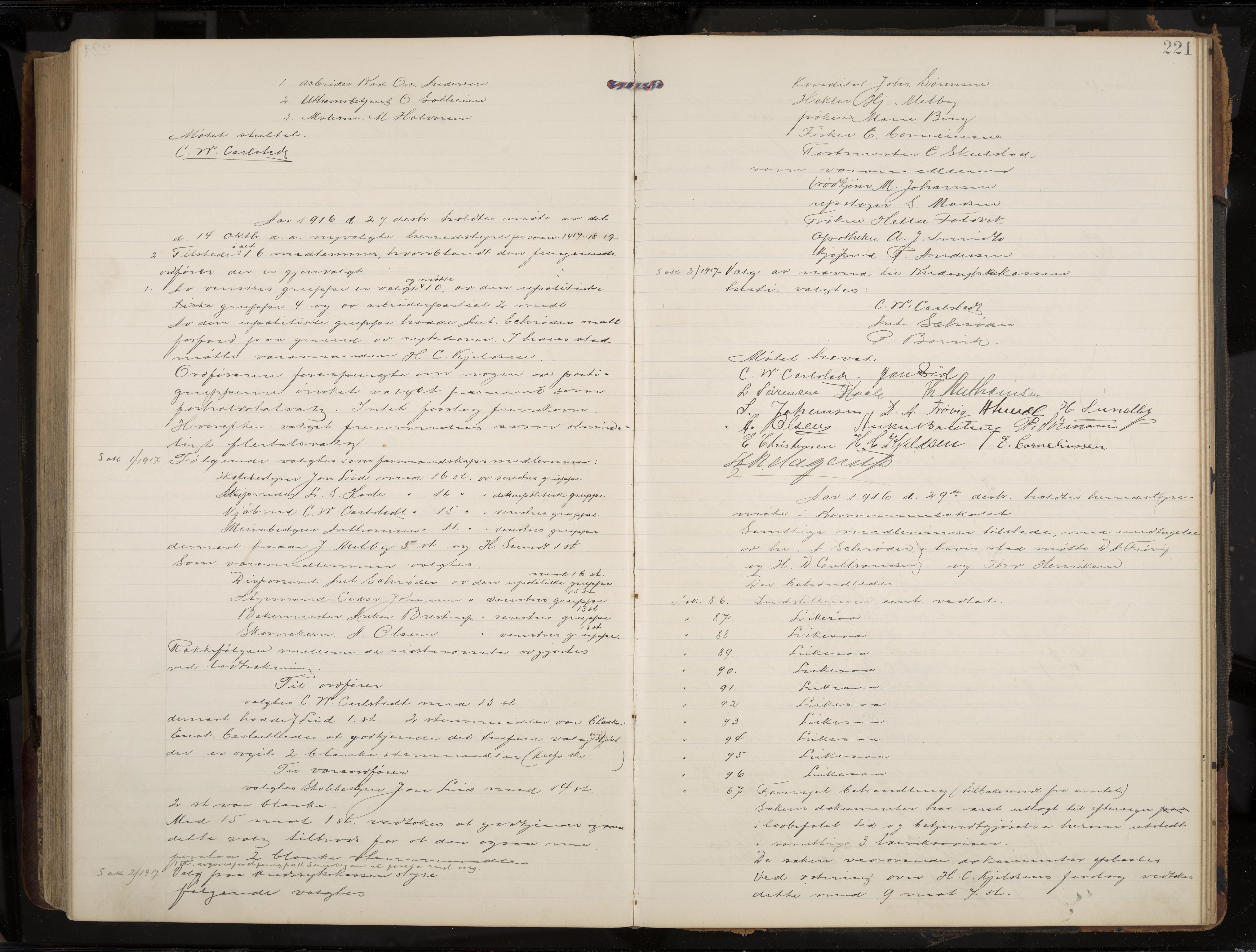 Stavern formannskap og sentraladministrasjon, IKAK/0708021/A/Aa/L0005: Møtebok med register, 1905-1917, p. 221