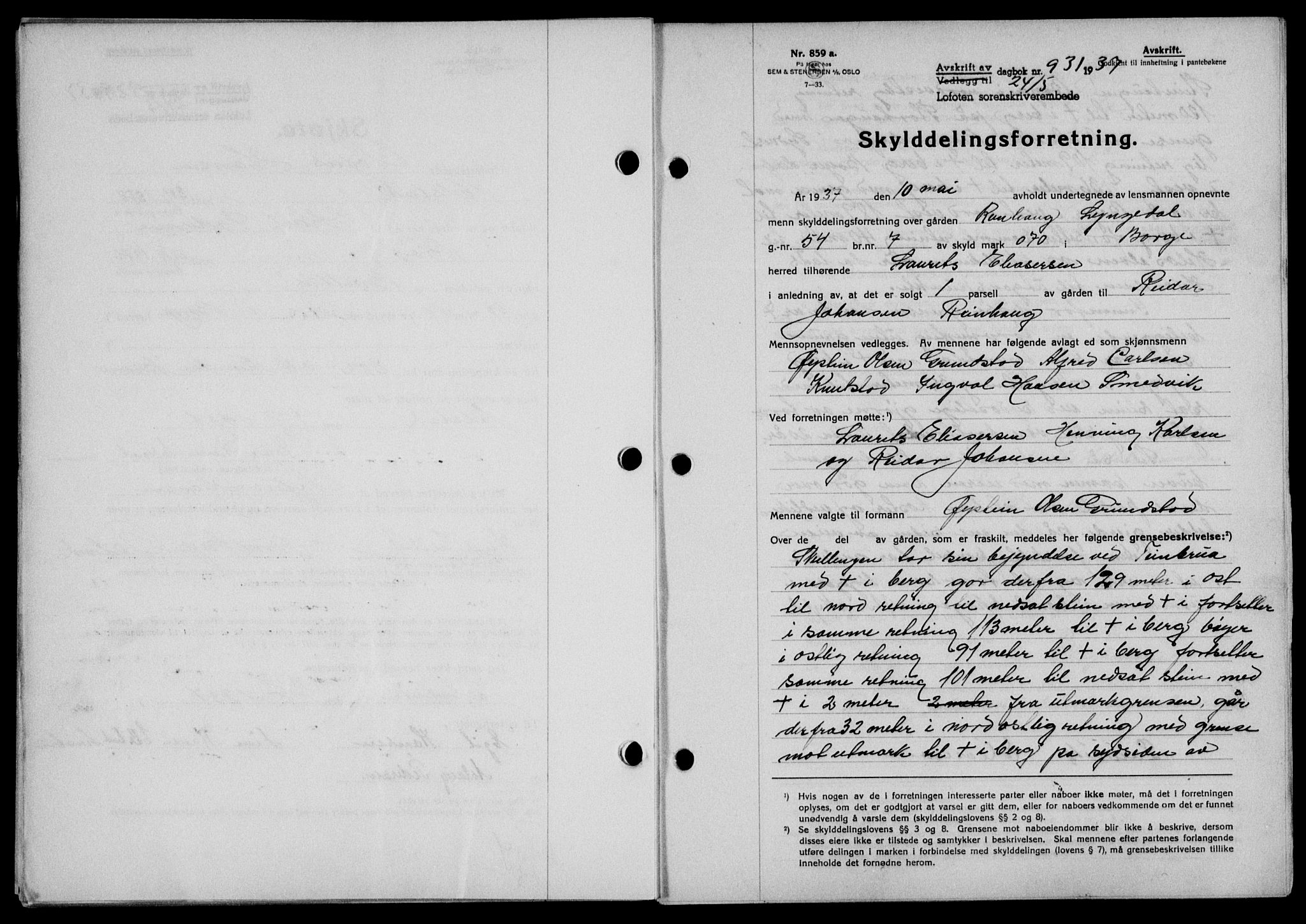 Lofoten sorenskriveri, SAT/A-0017/1/2/2C/L0002a: Mortgage book no. 2a, 1937-1937, Diary no: : 931/1937