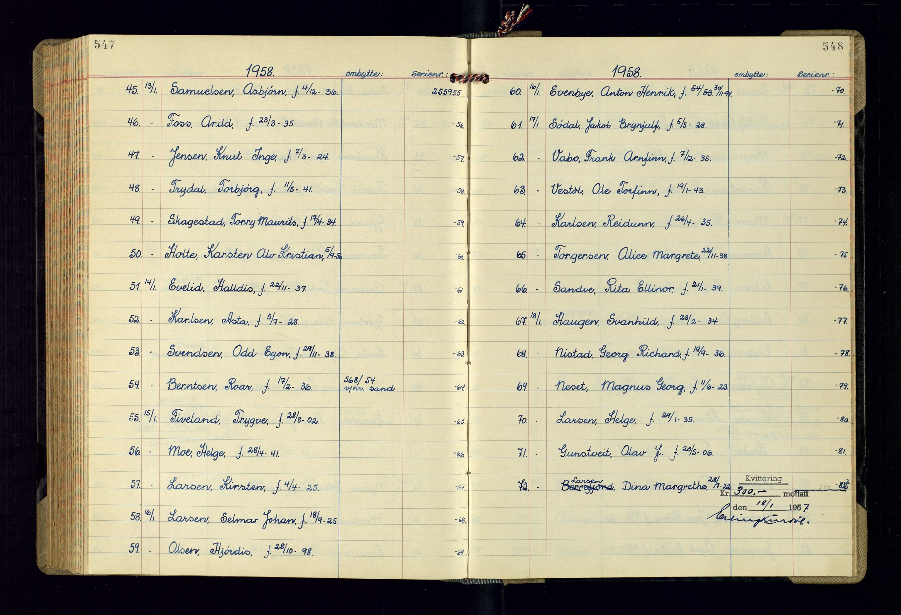 Kristiansand politikammer - 2, AV/SAK-1243-0009/K/Ka/Kaa/L0613: Passprotokoll, liste med løpenumre, 1954-1958, p. 547-548