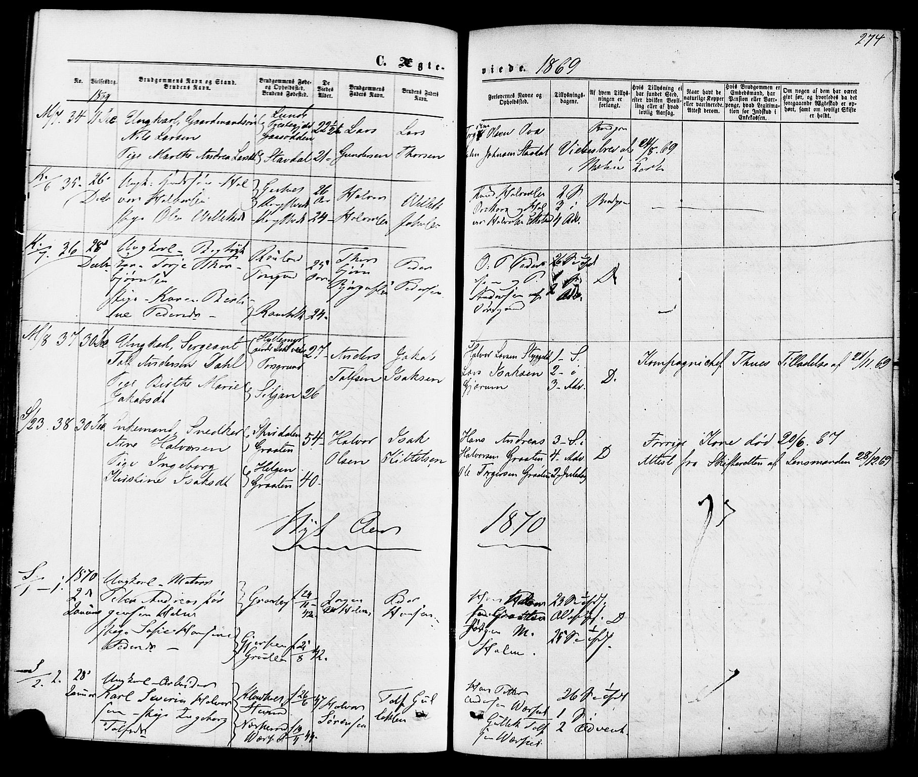 Solum kirkebøker, SAKO/A-306/F/Fa/L0008: Parish register (official) no. I 8, 1865-1876, p. 274