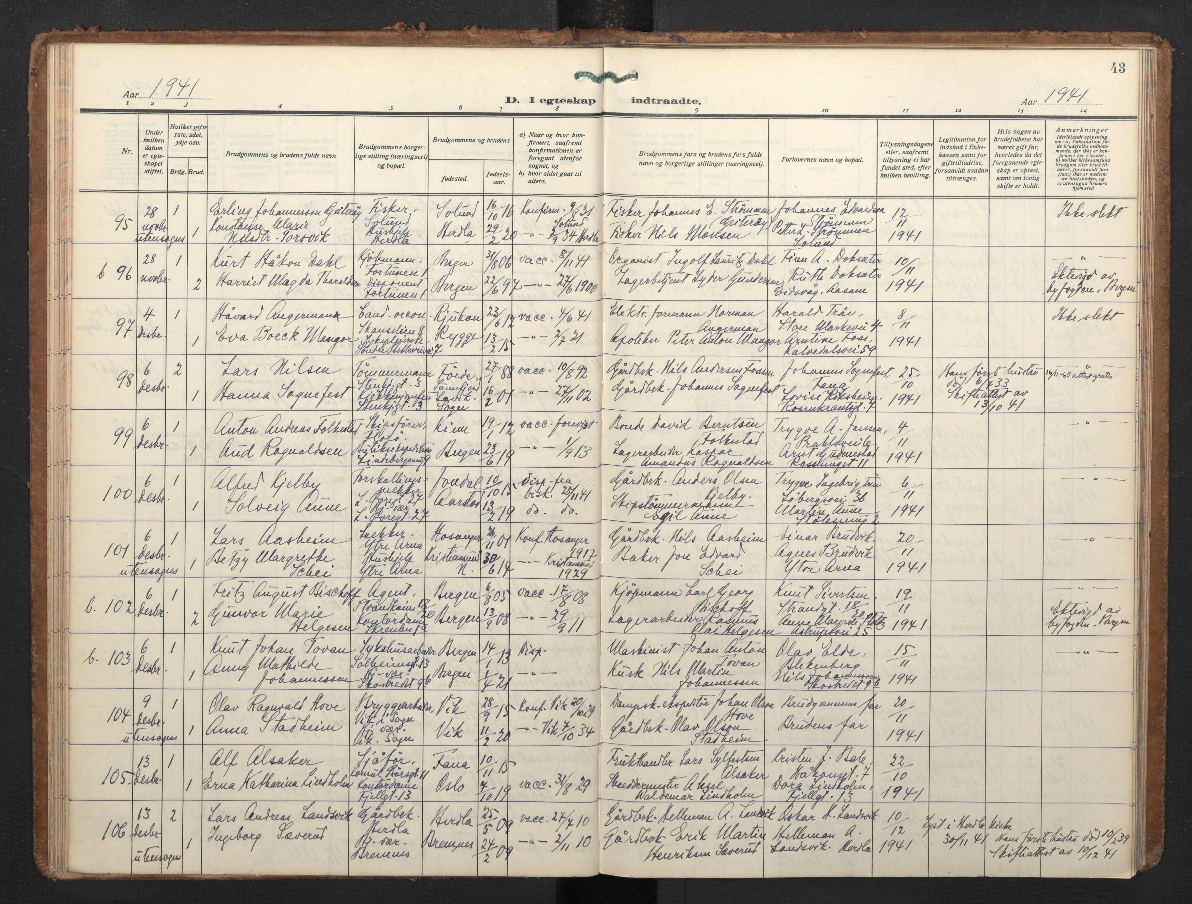 Korskirken sokneprestembete, AV/SAB-A-76101/H/Haa/L0040: Parish register (official) no. D 7, 1938-1952, p. 42b-43a