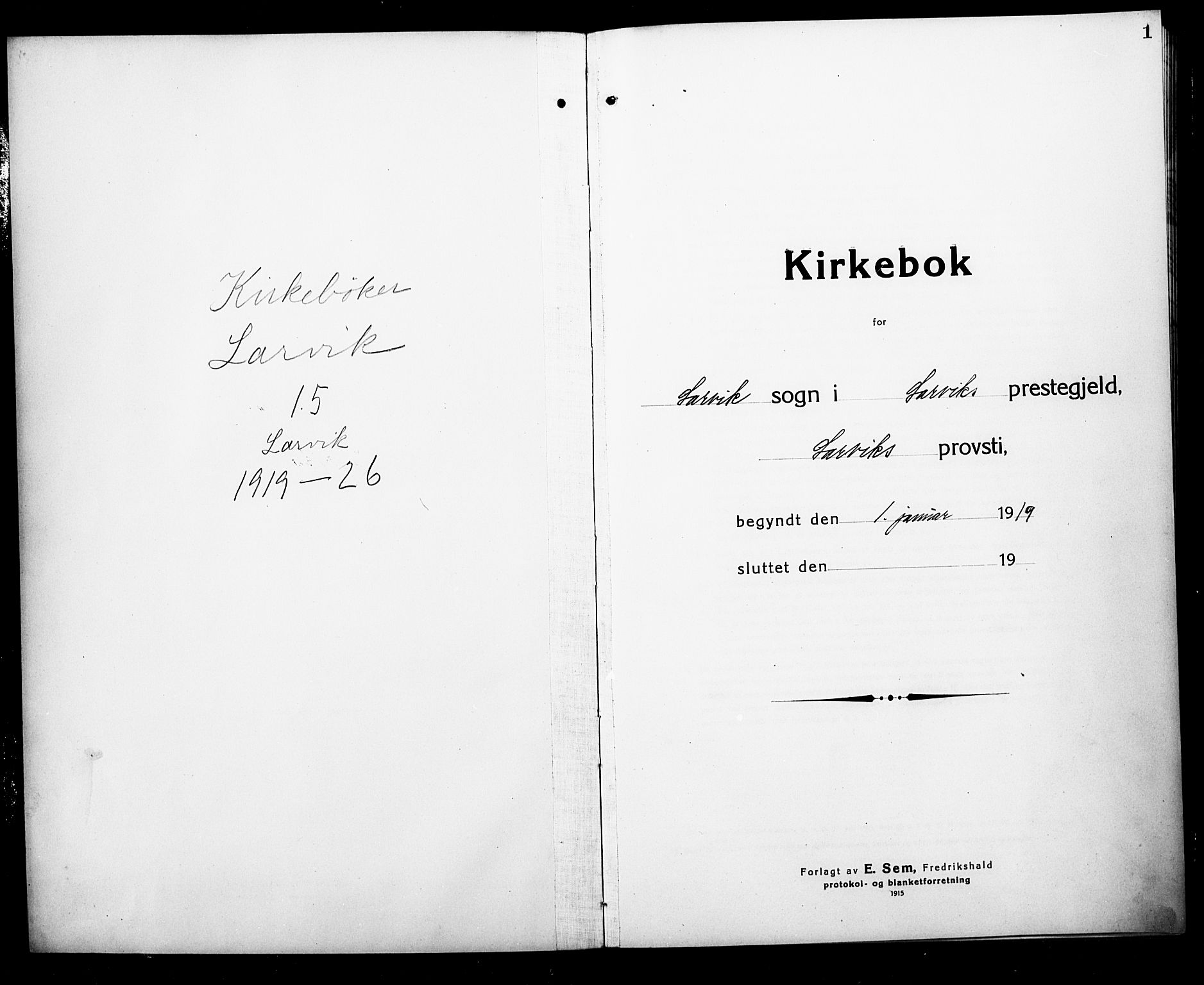 Larvik kirkebøker, AV/SAKO-A-352/G/Ga/L0010: Parish register (copy) no. I 10, 1919-1926, p. 1