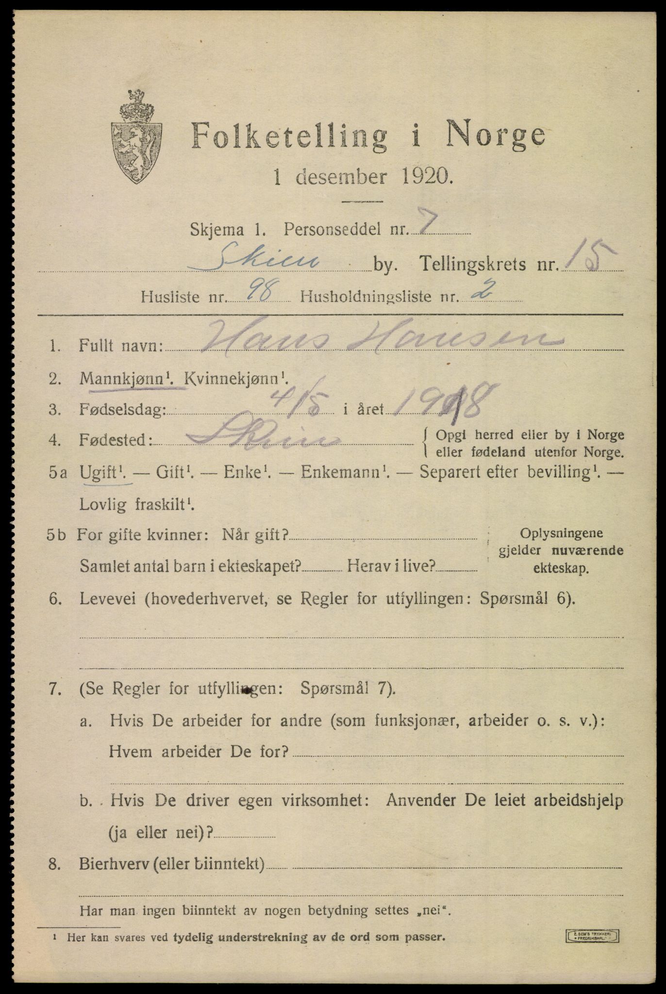 SAKO, 1920 census for Skien, 1920, p. 45086