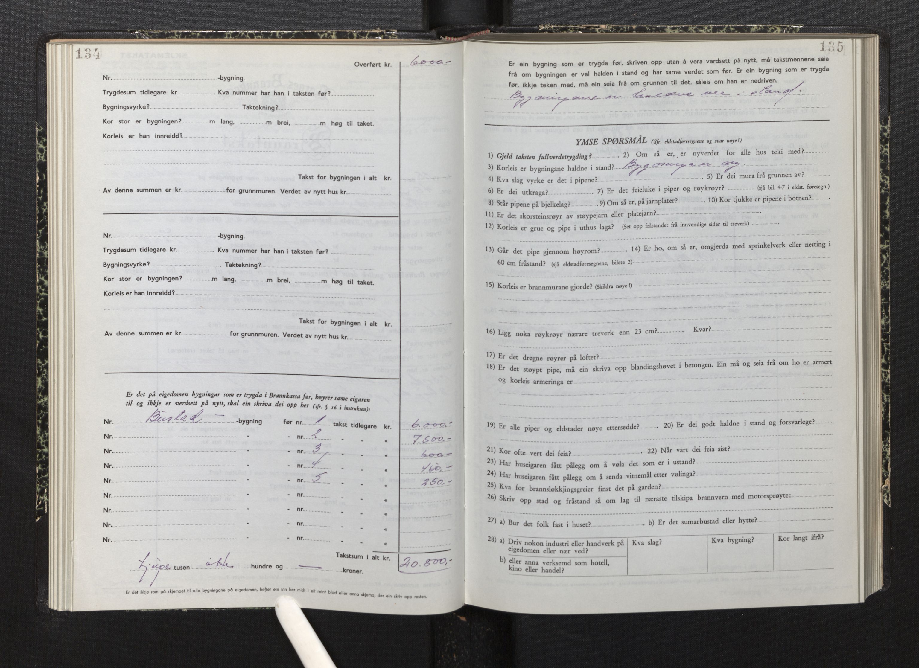 Lensmannen i Bremanger, AV/SAB-A-26701/0012/L0010: Branntakstprotokoll, skjematakst, 1950-1955, p. 134-135