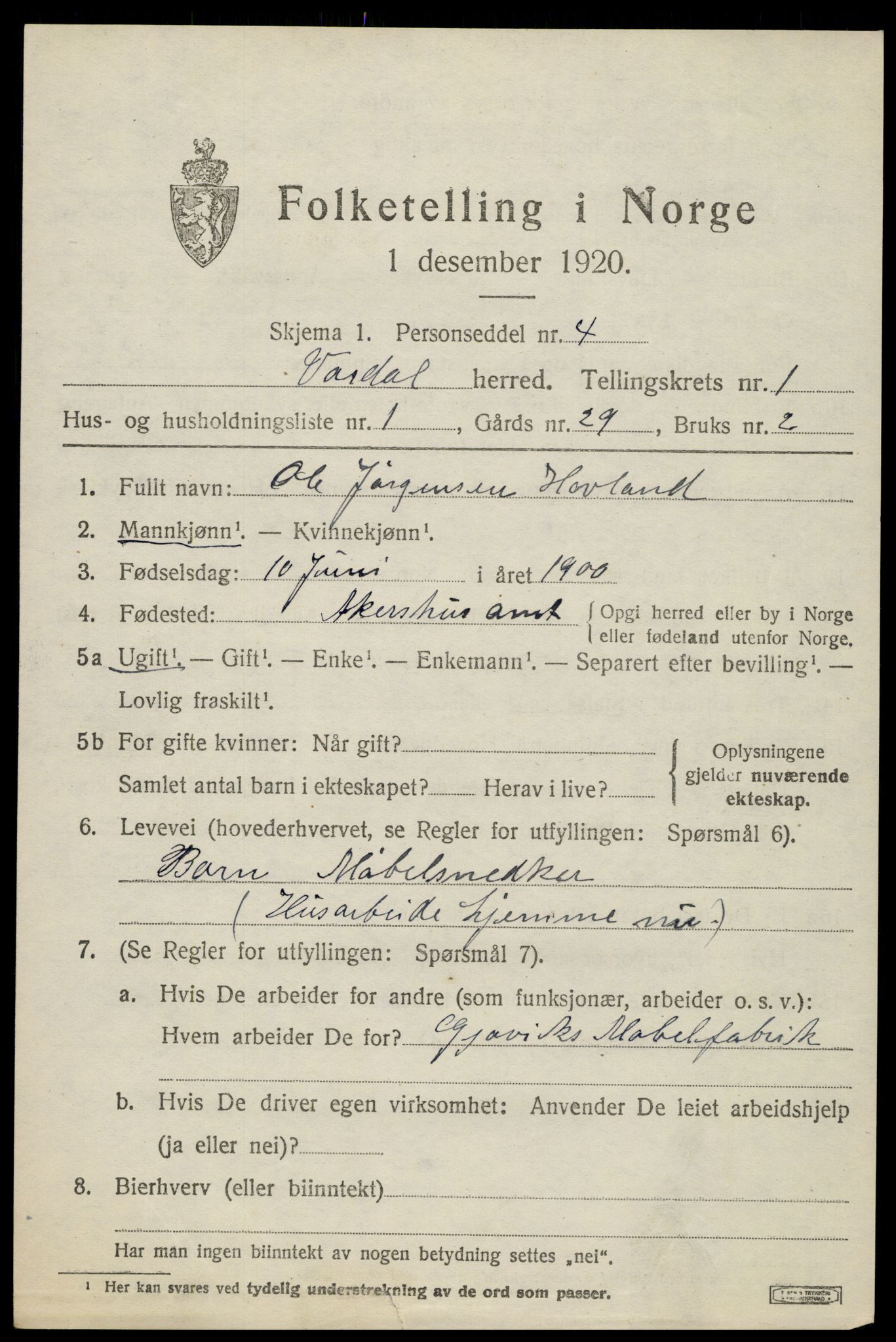 SAH, 1920 census for Vardal, 1920, p. 1951