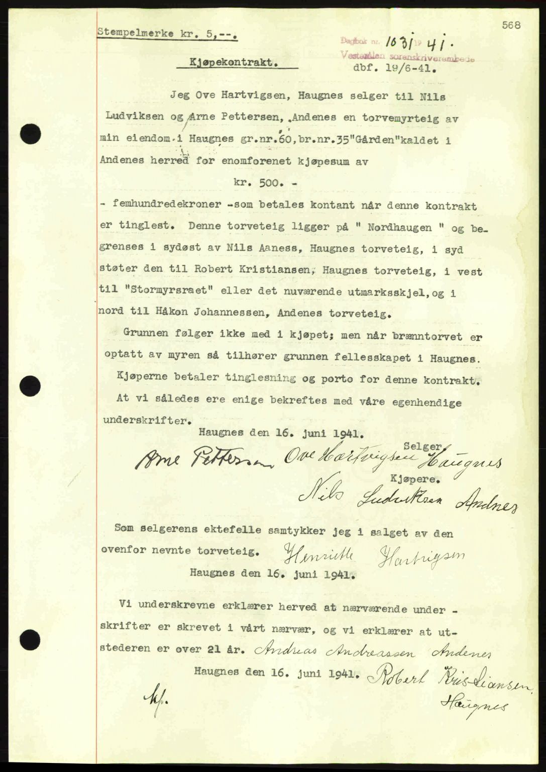 Vesterålen sorenskriveri, AV/SAT-A-4180/1/2/2Ca: Mortgage book no. A11, 1940-1941, Diary no: : 1031/1941