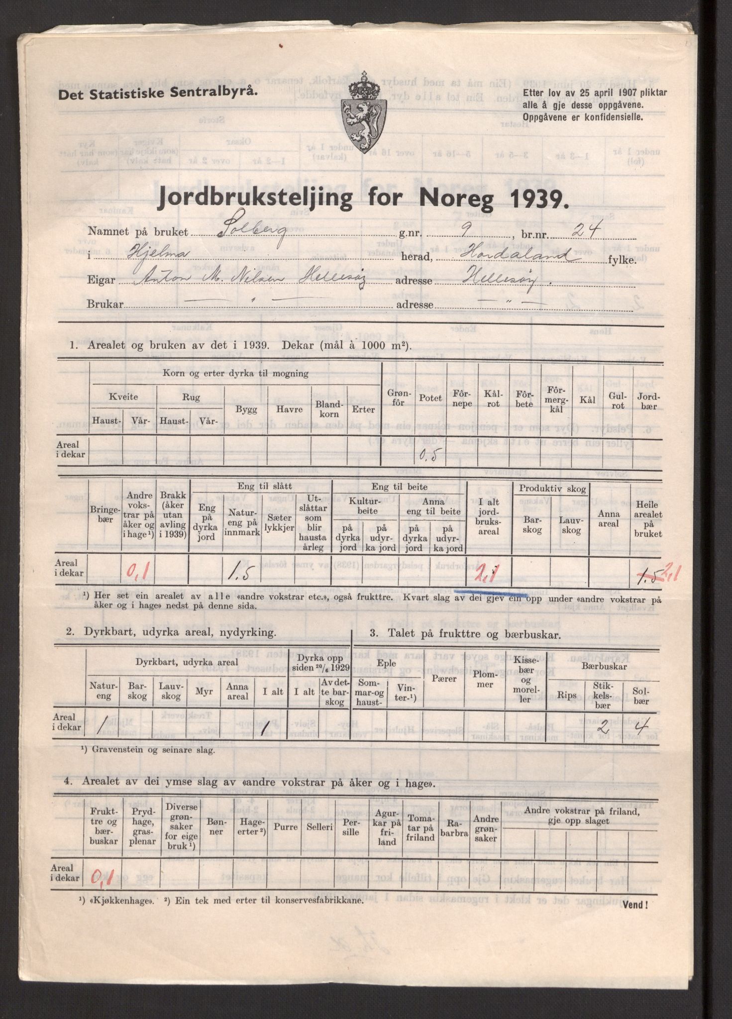 Statistisk sentralbyrå, Næringsøkonomiske emner, Jordbruk, skogbruk, jakt, fiske og fangst, AV/RA-S-2234/G/Gb/L0211: Hordaland: Herdla, Hjelme og Manger, 1939, p. 1173