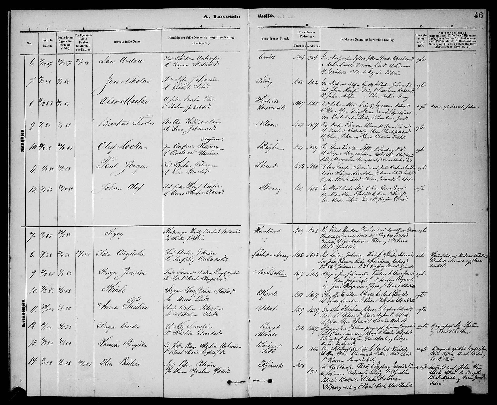 Ministerialprotokoller, klokkerbøker og fødselsregistre - Sør-Trøndelag, SAT/A-1456/637/L0562: Parish register (copy) no. 637C03, 1883-1898, p. 46