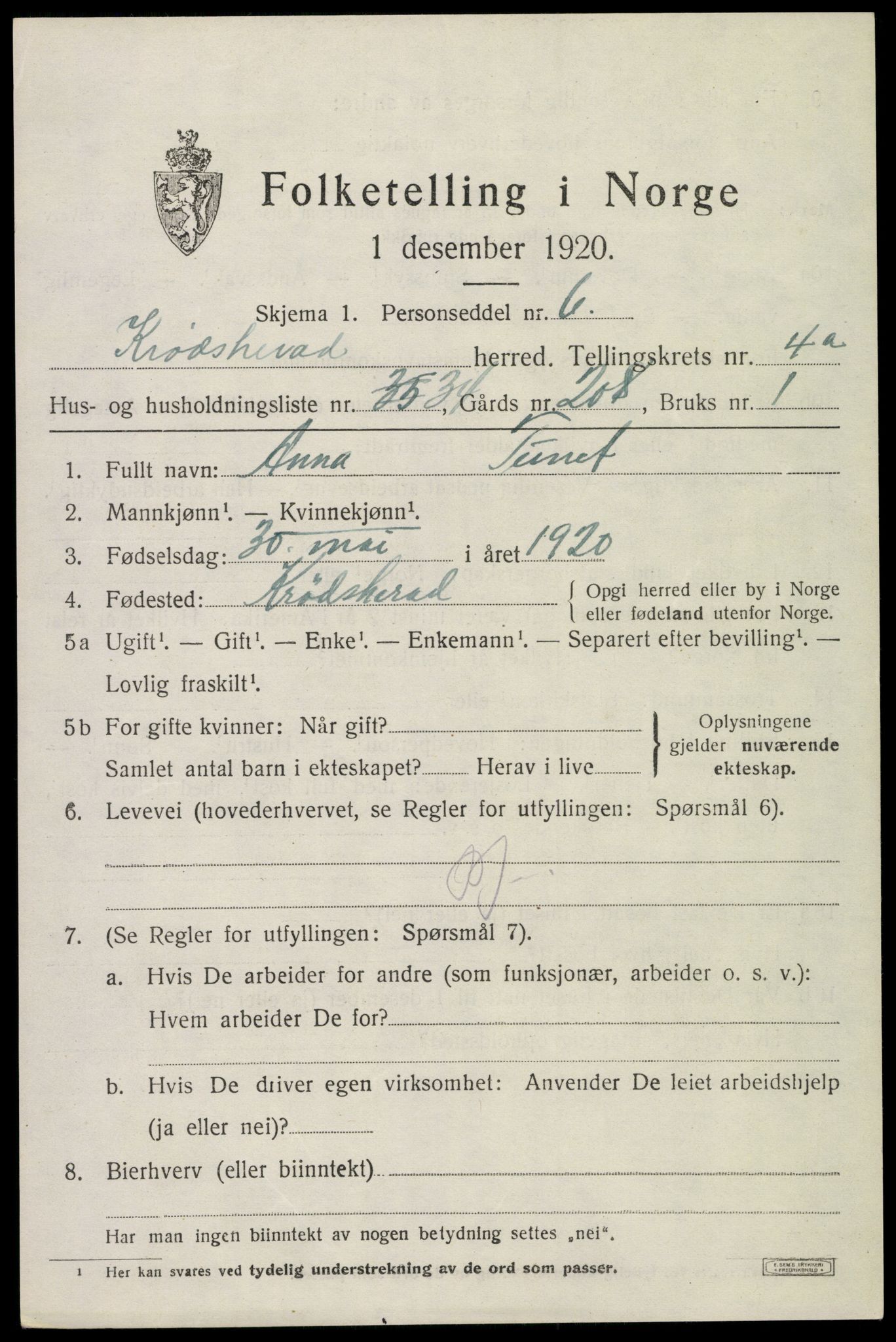 SAKO, 1920 census for Krødsherad, 1920, p. 4947