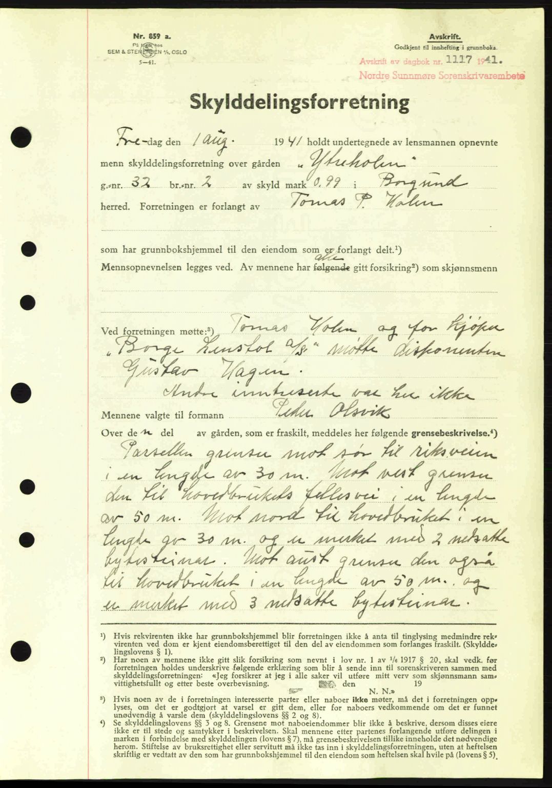 Nordre Sunnmøre sorenskriveri, AV/SAT-A-0006/1/2/2C/2Ca: Mortgage book no. A11, 1941-1941, Diary no: : 1117/1941