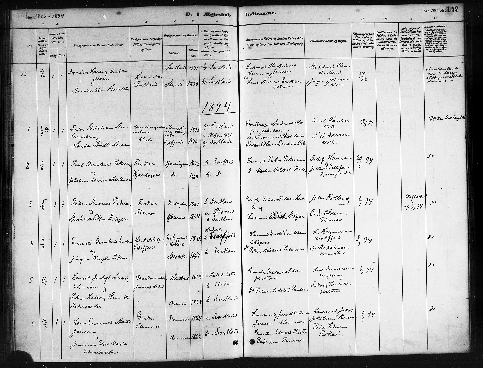 Ministerialprotokoller, klokkerbøker og fødselsregistre - Nordland, AV/SAT-A-1459/895/L1382: Parish register (copy) no. 895C04, 1885-1896, p. 152