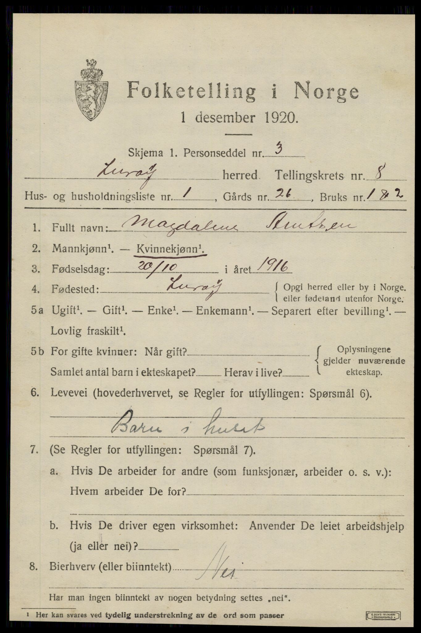 SAT, 1920 census for Lurøy, 1920, p. 3859