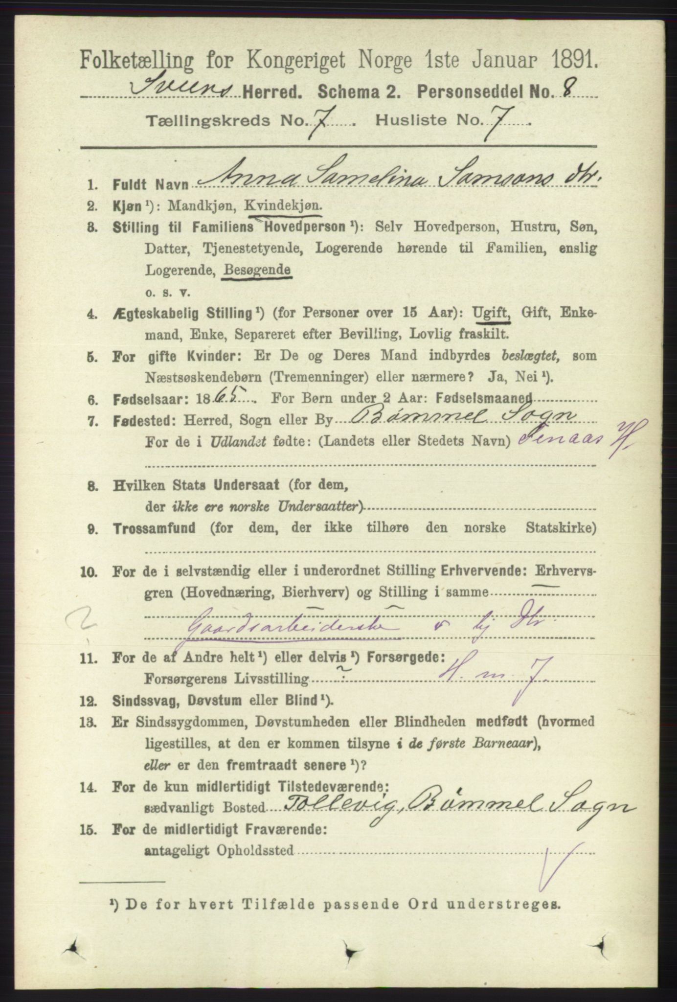 RA, 1891 census for 1216 Sveio, 1891, p. 2010