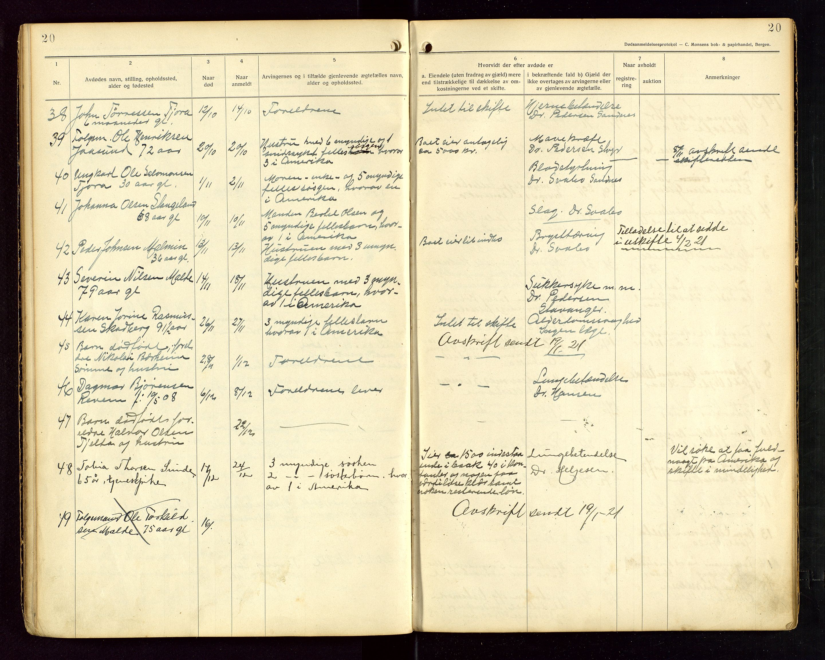 Håland lensmannskontor, AV/SAST-A-100100/Gga/L0002: "Dødsanmeldelser fra 6/9 1916 til 1926 i Haaland", 1916-1926, p. 20