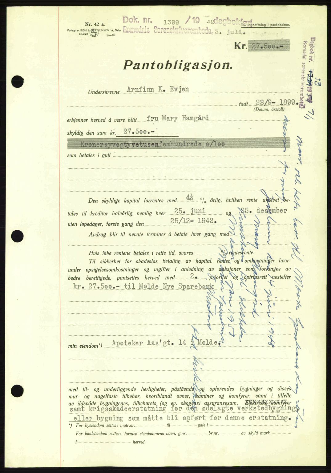 Romsdal sorenskriveri, AV/SAT-A-4149/1/2/2C: Mortgage book no. B2, 1939-1945, Diary no: : 1399/1942