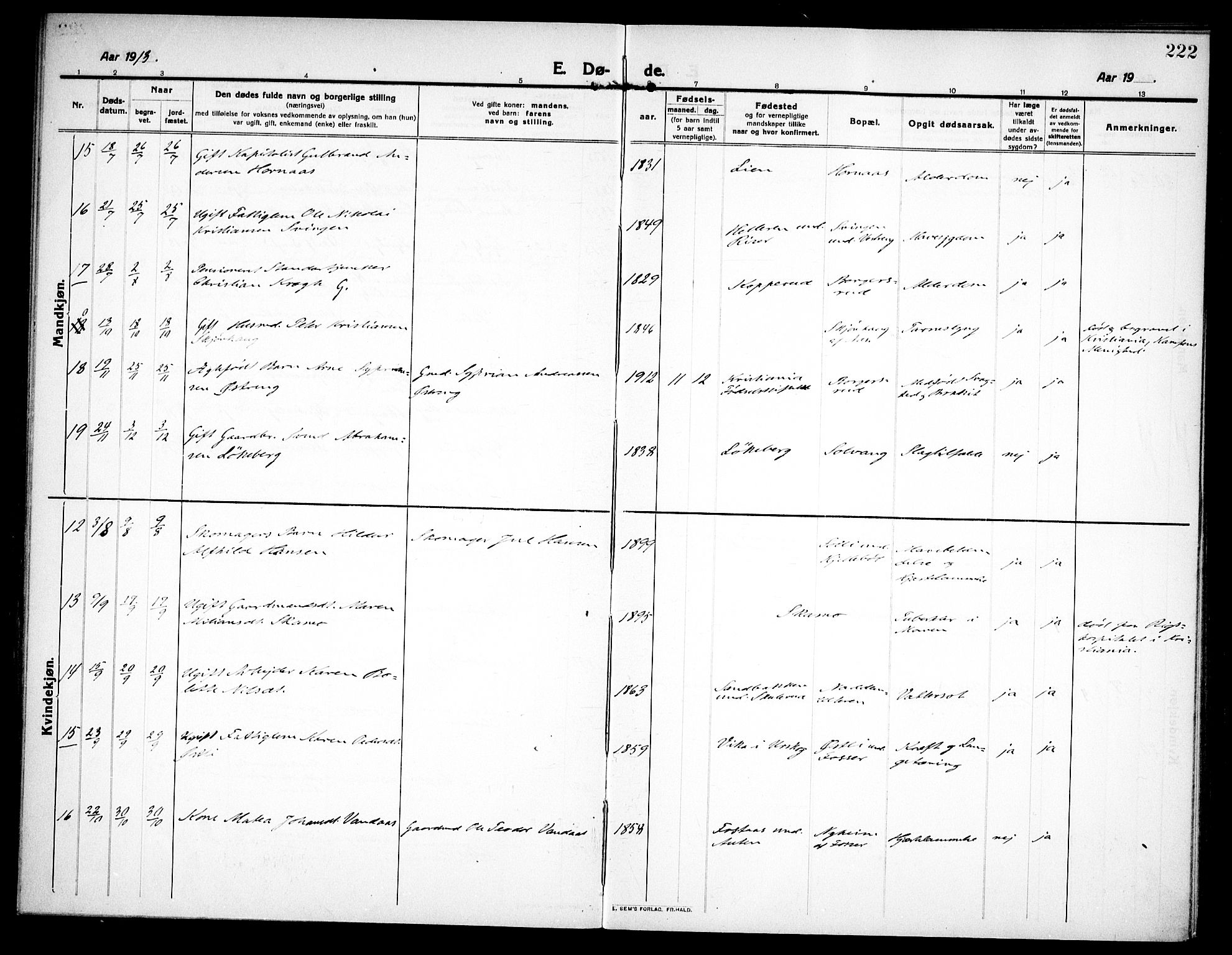 Høland prestekontor Kirkebøker, SAO/A-10346a/F/Fa/L0016: Parish register (official) no. I 16, 1912-1921, p. 222