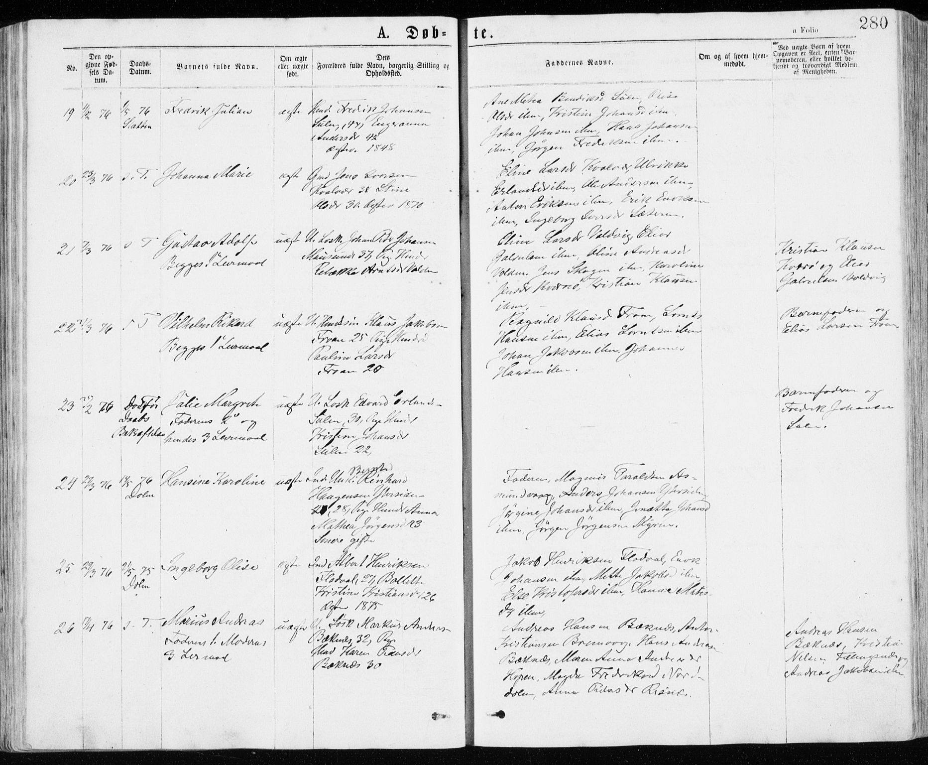 Ministerialprotokoller, klokkerbøker og fødselsregistre - Sør-Trøndelag, SAT/A-1456/640/L0576: Parish register (official) no. 640A01, 1846-1876, p. 280