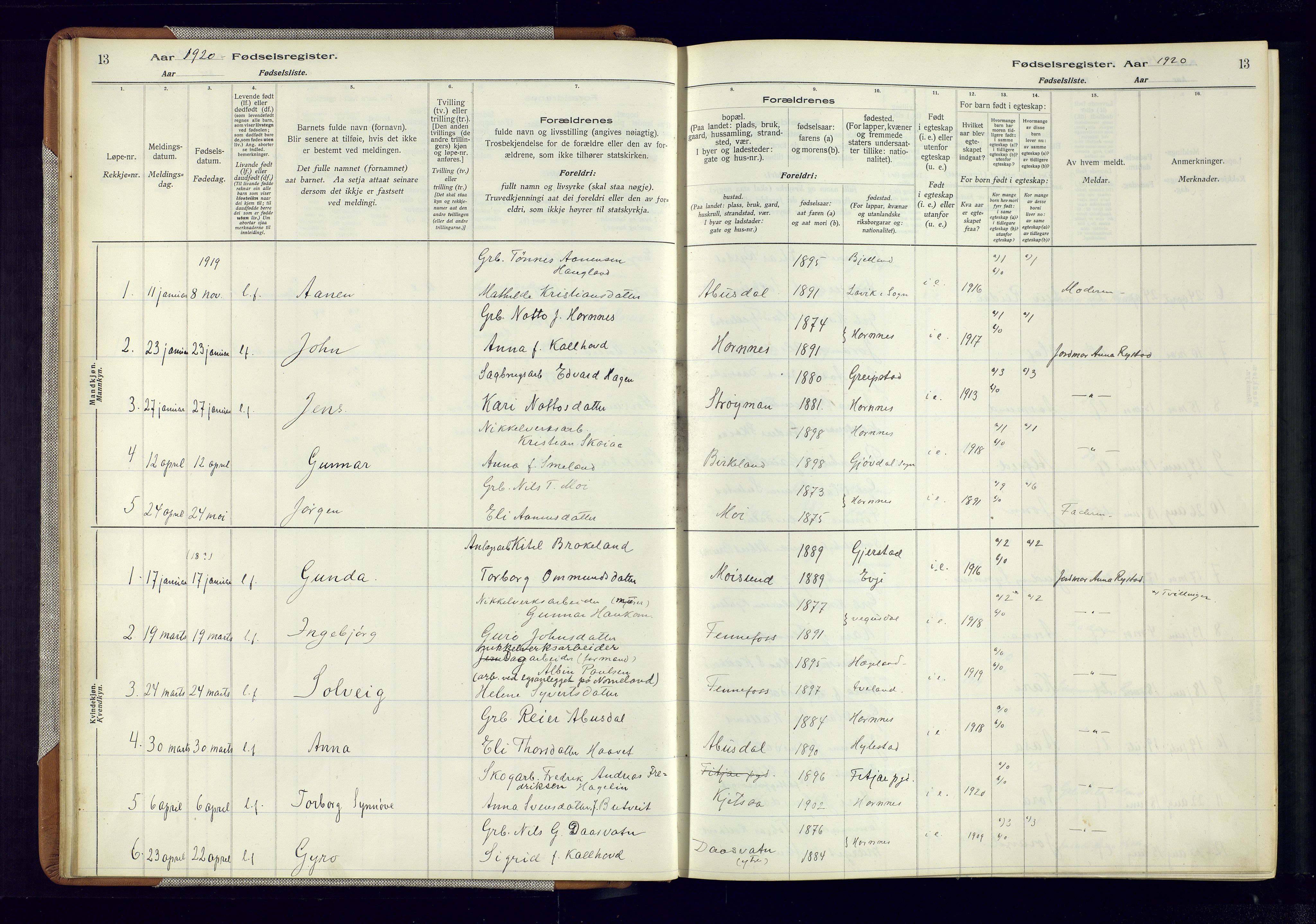 Evje sokneprestkontor, AV/SAK-1111-0008/J/Jc/L0006: Birth register no. 6, 1916-1982, p. 13