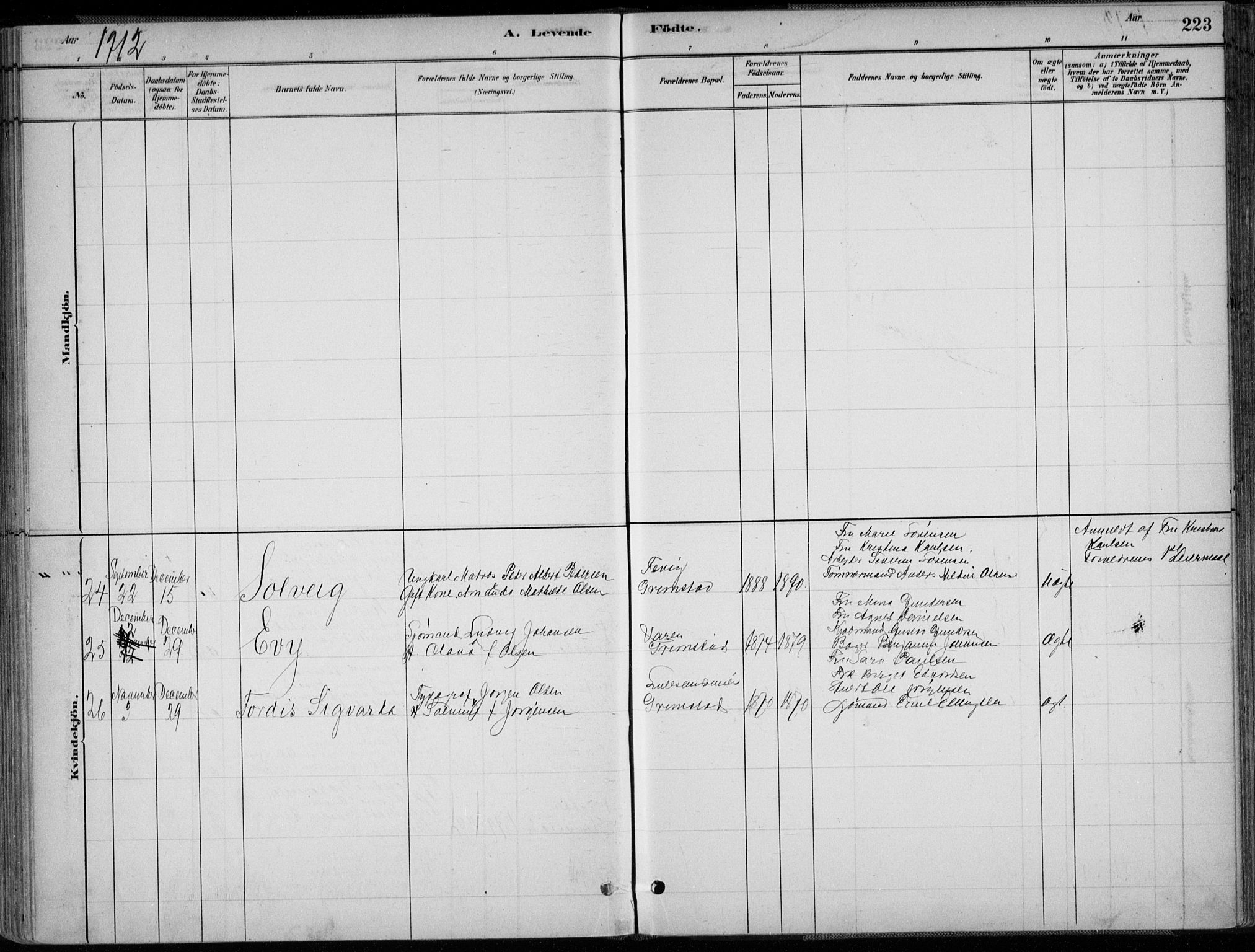 Grimstad sokneprestkontor, SAK/1111-0017/F/Fa/L0003: Parish register (official) no. A 2, 1882-1912, p. 223
