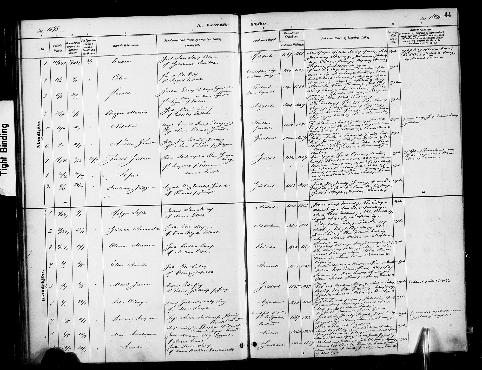 Ministerialprotokoller, klokkerbøker og fødselsregistre - Møre og Romsdal, SAT/A-1454/568/L0809: Parish register (official) no. 568A13, 1884-1900, p. 34