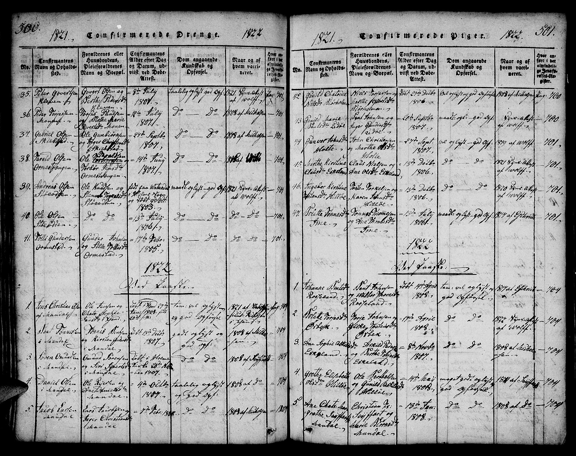 Mandal sokneprestkontor, SAK/1111-0030/F/Fa/Faa/L0010: Parish register (official) no. A 10, 1817-1830, p. 500-501
