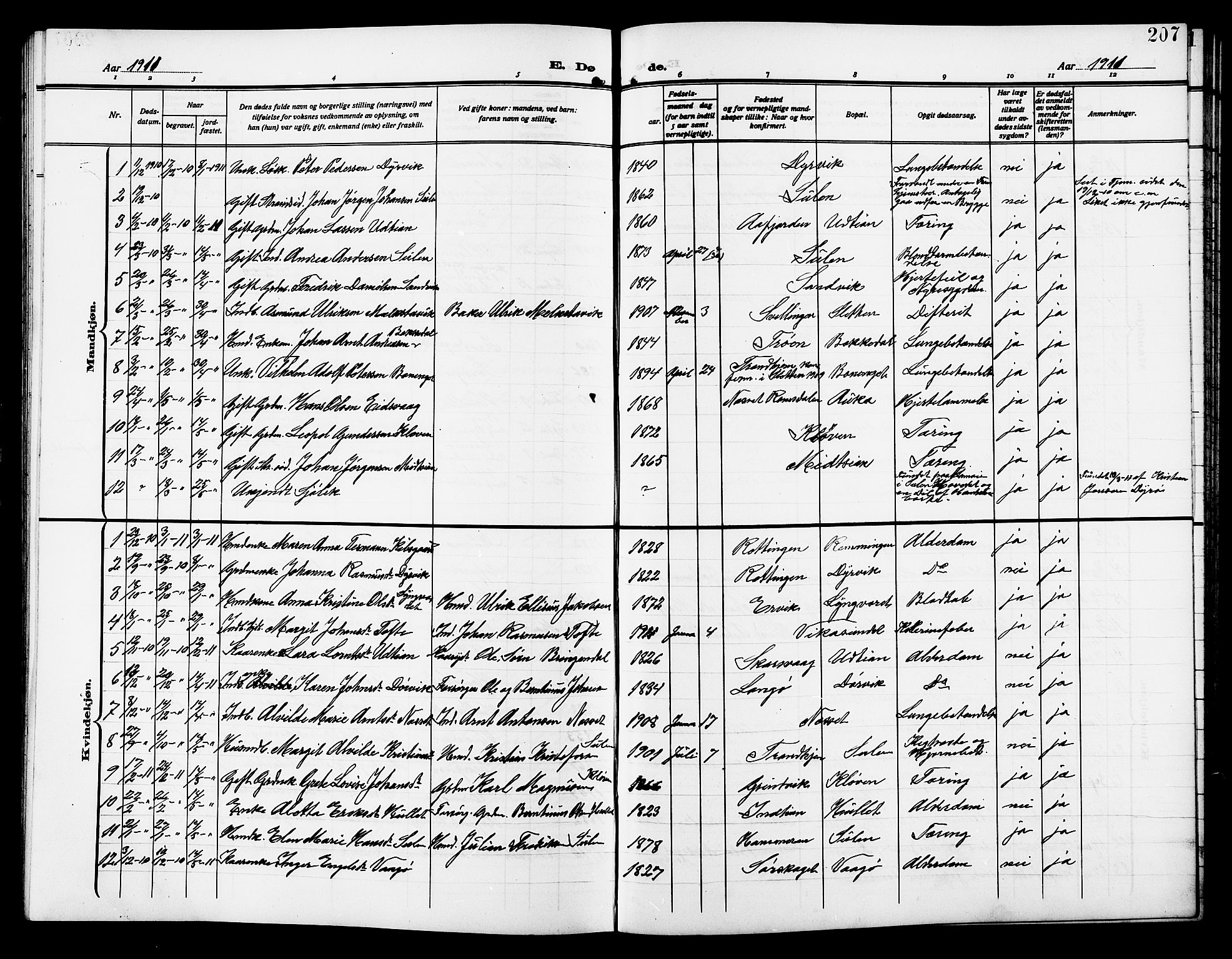 Ministerialprotokoller, klokkerbøker og fødselsregistre - Sør-Trøndelag, SAT/A-1456/640/L0588: Parish register (copy) no. 640C05, 1909-1922, p. 207