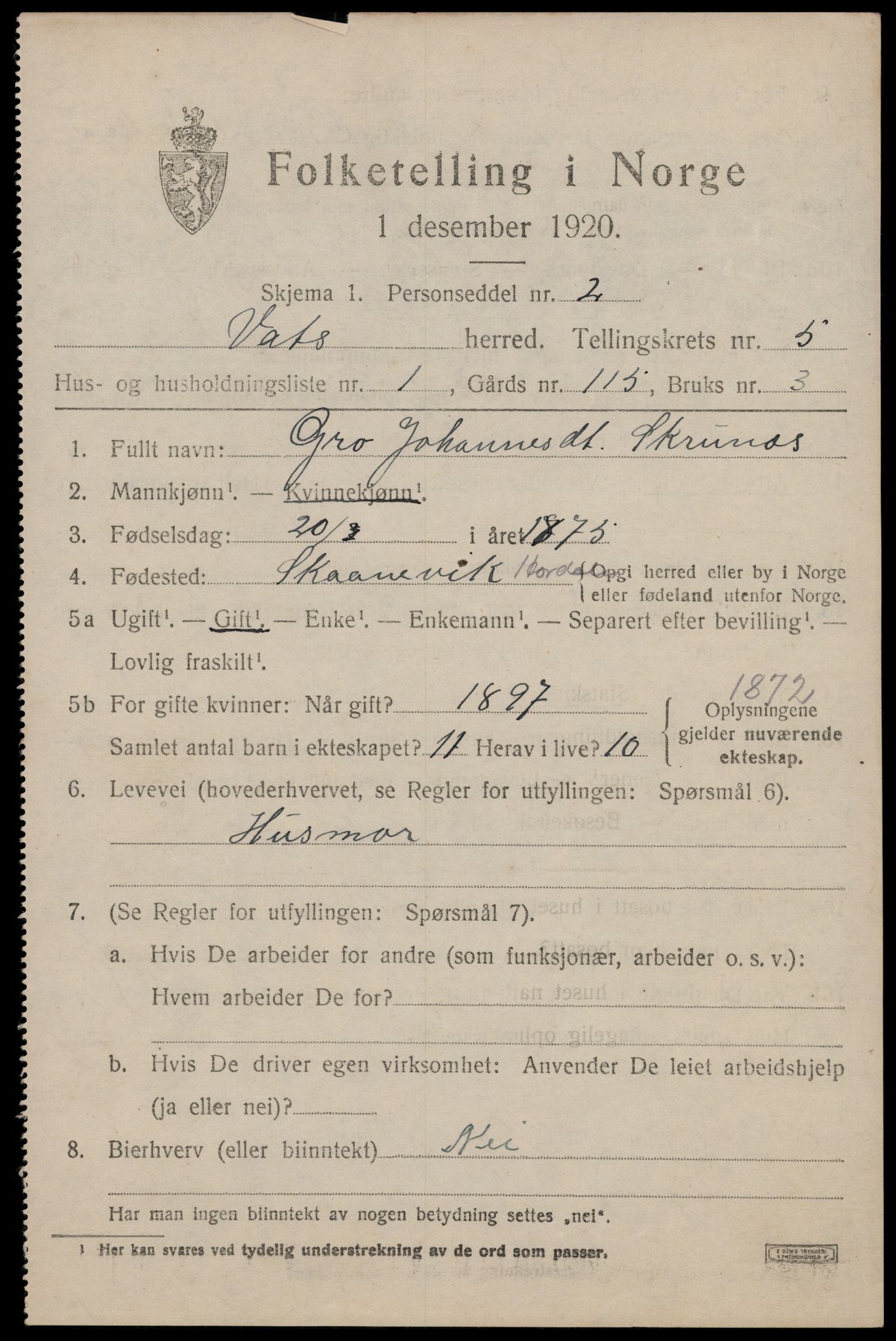 SAST, 1920 census for Vats, 1920, p. 1885