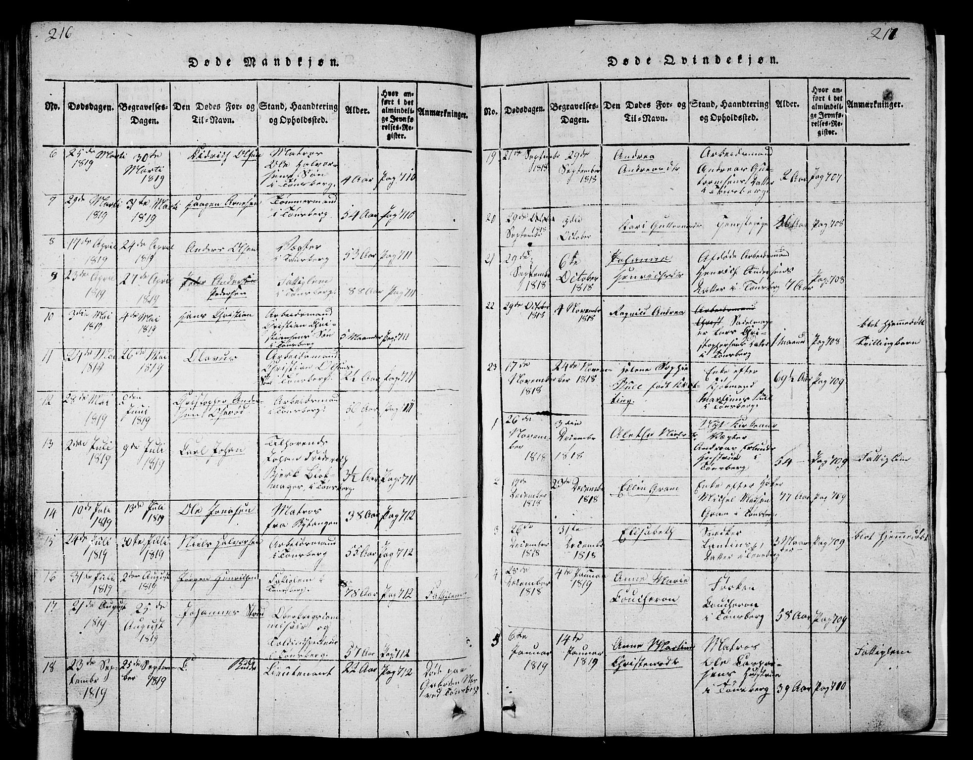 Tønsberg kirkebøker, AV/SAKO-A-330/G/Ga/L0001: Parish register (copy) no. 1, 1813-1826, p. 216-217