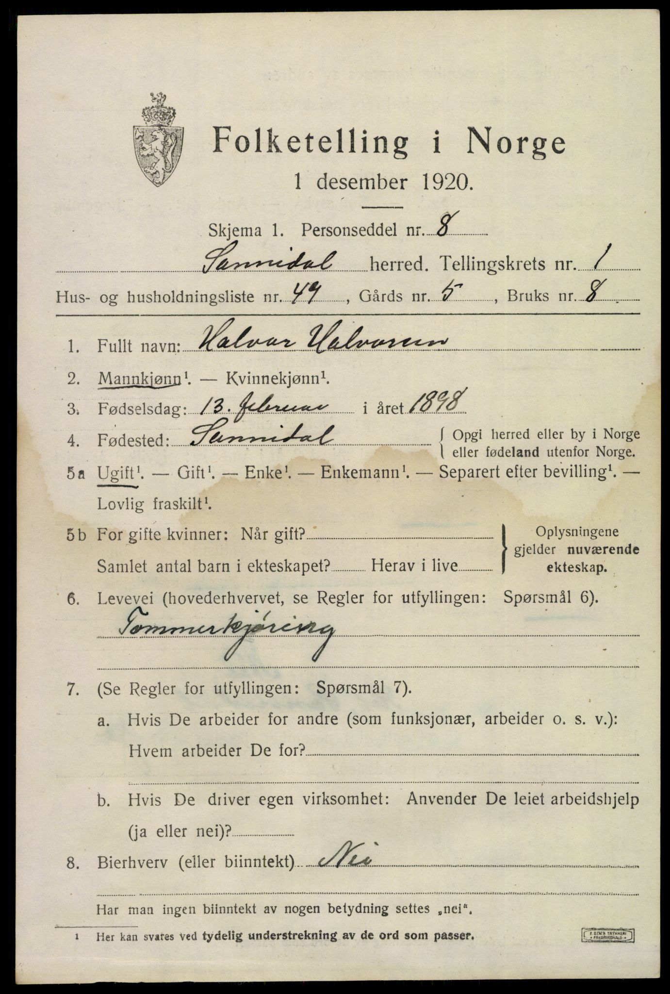 SAKO, 1920 census for Sannidal, 1920, p. 1629