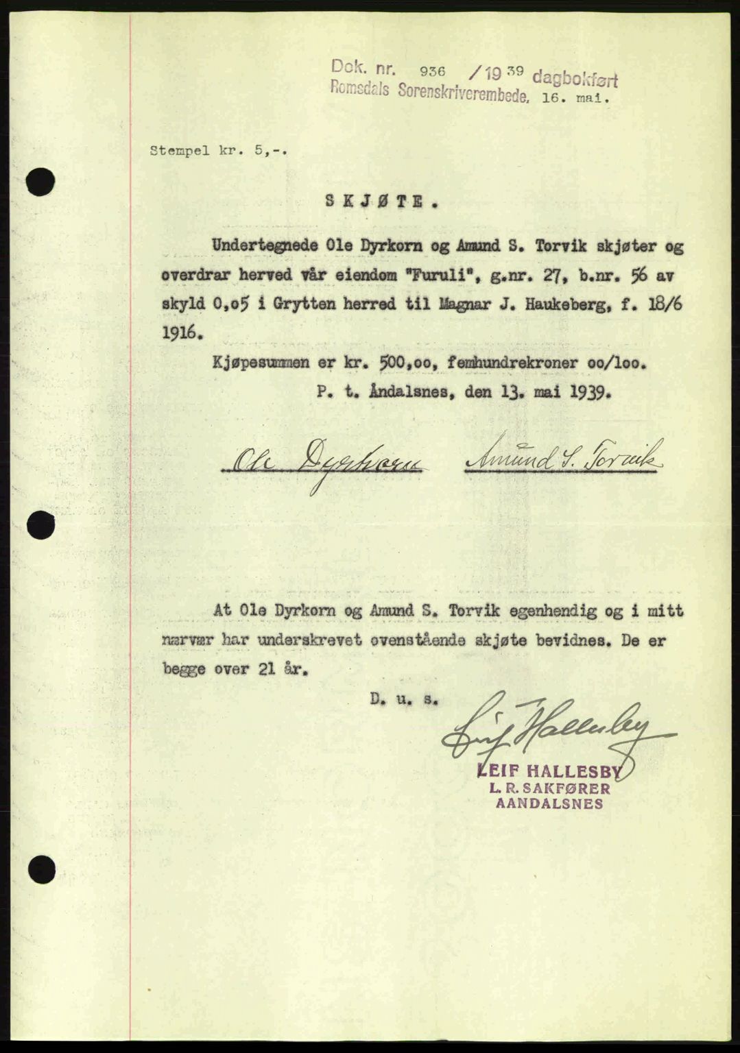 Romsdal sorenskriveri, AV/SAT-A-4149/1/2/2C: Mortgage book no. A6, 1938-1939, Diary no: : 936/1939